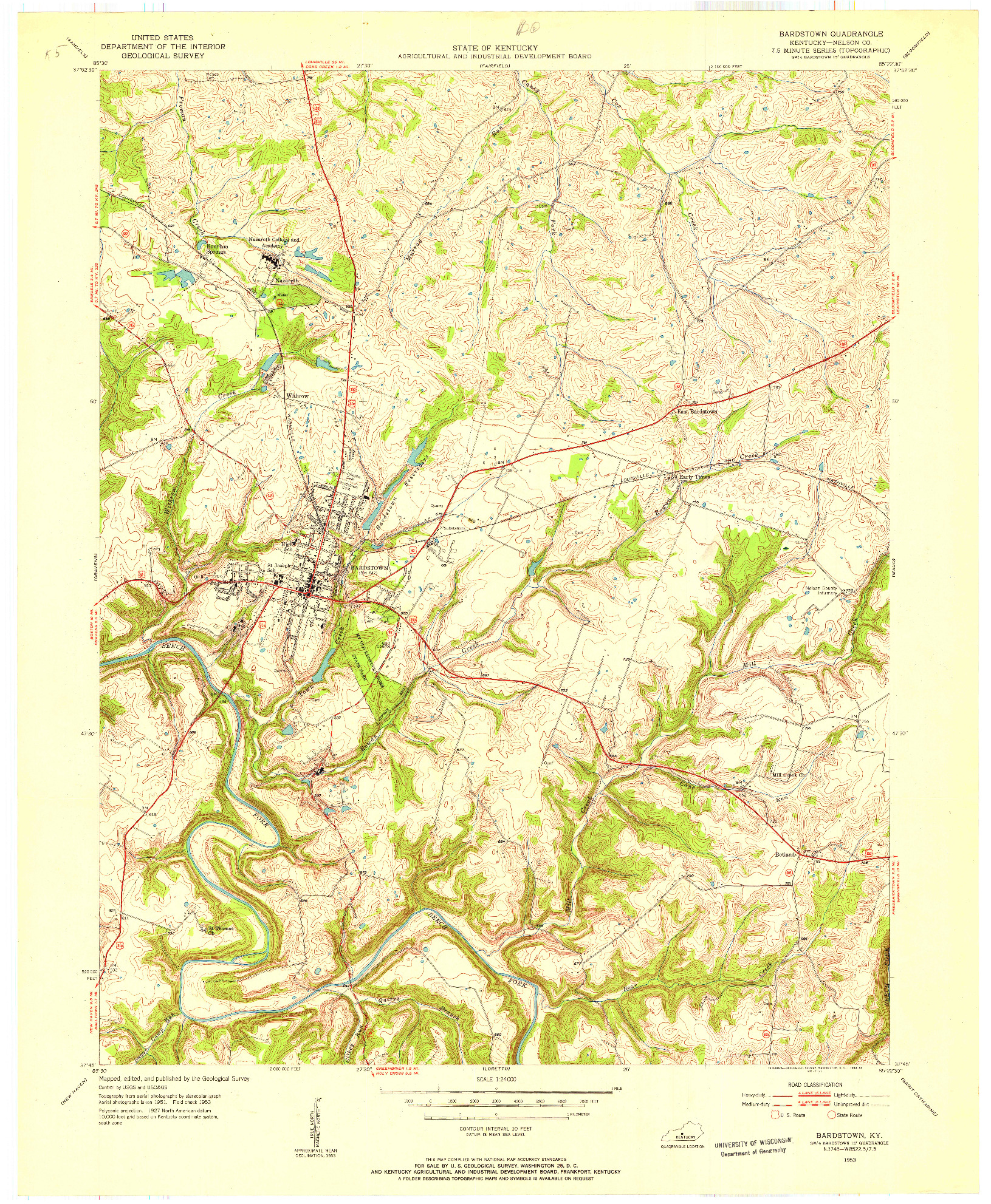 USGS 1:24000-SCALE QUADRANGLE FOR BARDSTOWN, KY 1953