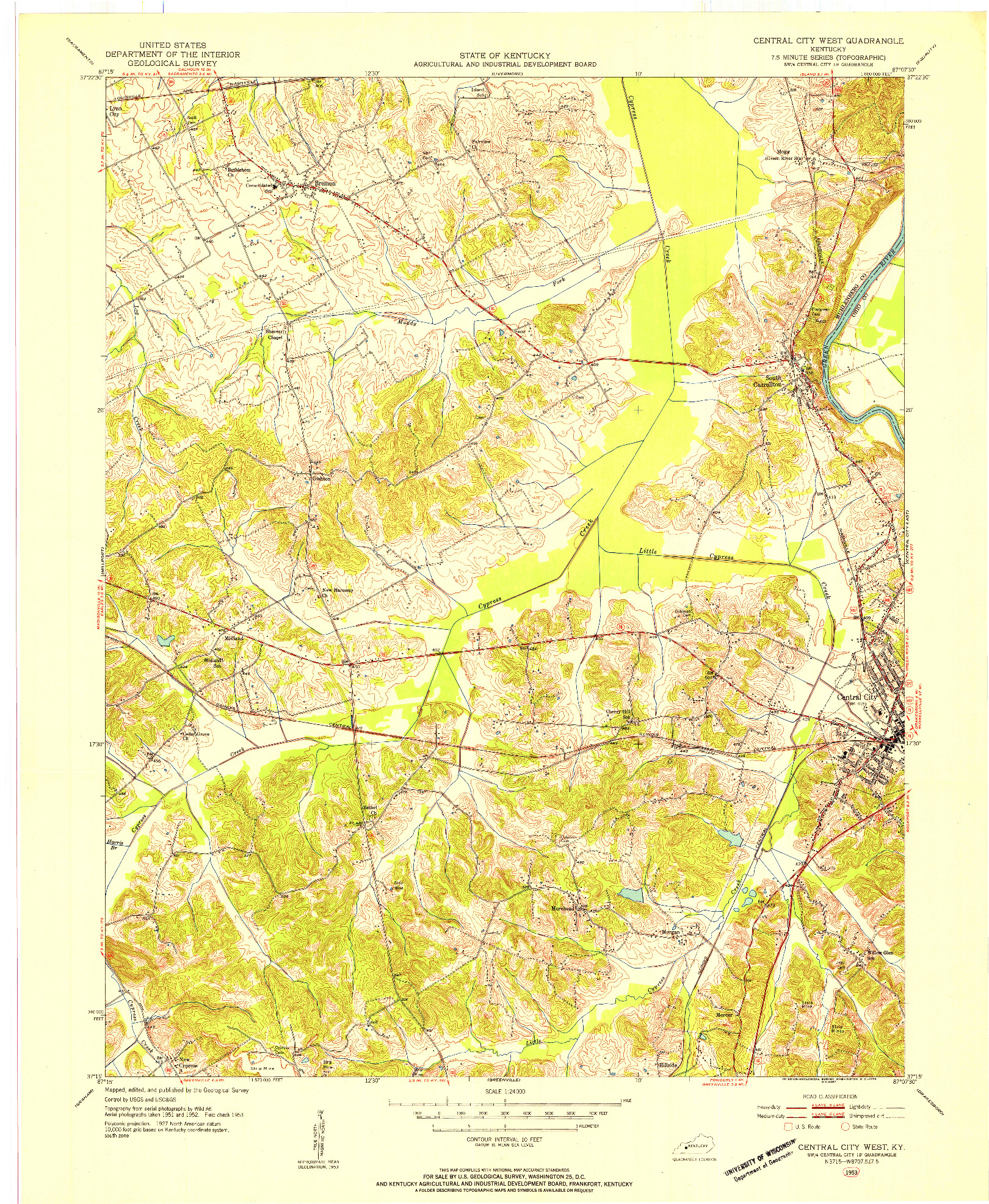 USGS 1:24000-SCALE QUADRANGLE FOR CENTRAL CITY WEST, KY 1953