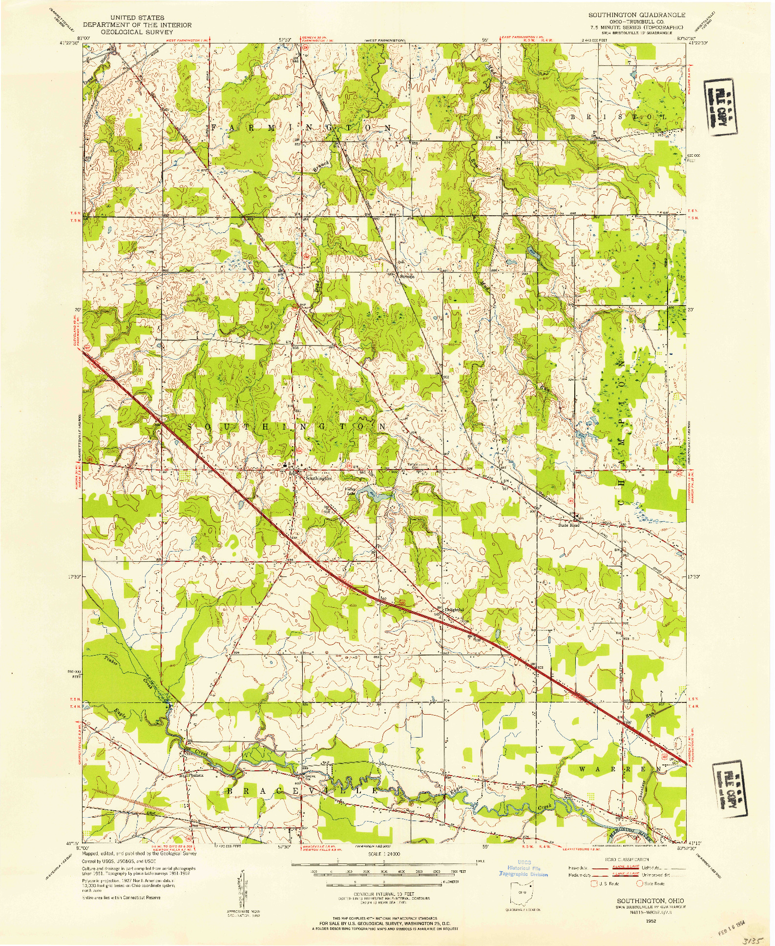 USGS 1:24000-SCALE QUADRANGLE FOR SOUTHINGTON, OH 1952