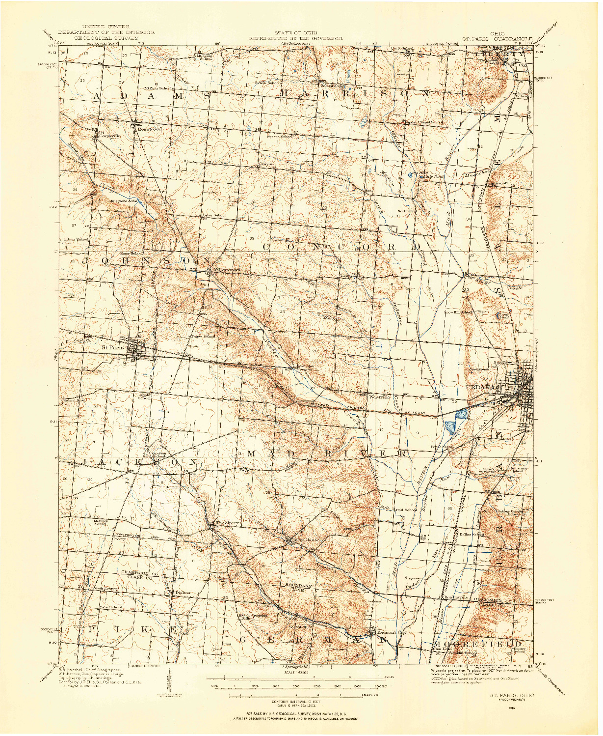 USGS 1:62500-SCALE QUADRANGLE FOR ST. PARIS, OH 1914