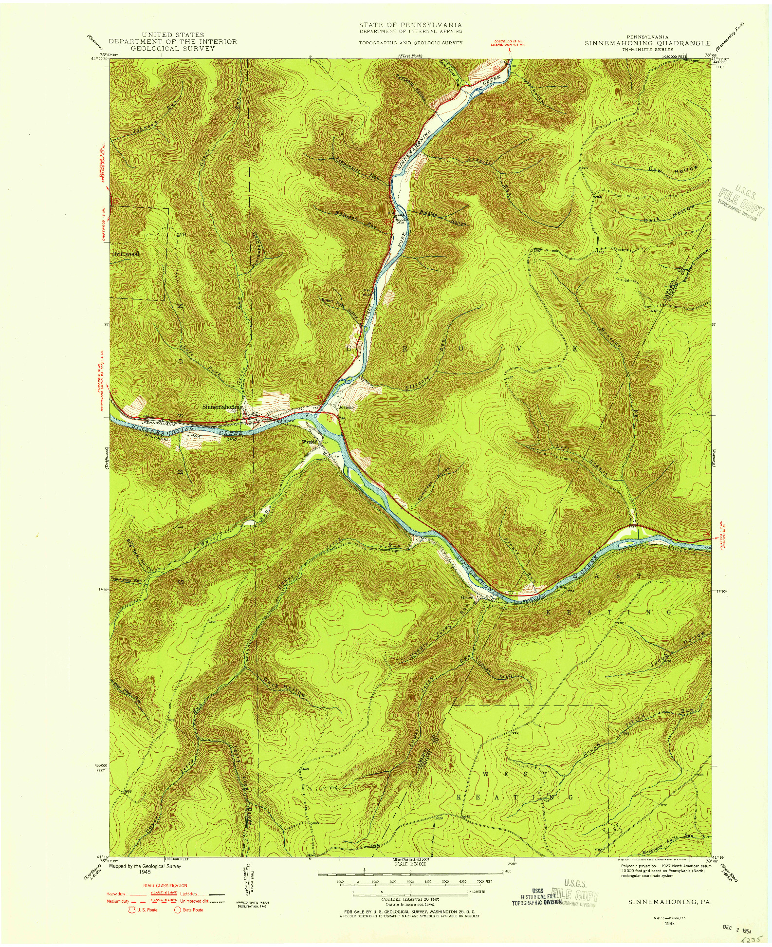 USGS 1:24000-SCALE QUADRANGLE FOR SINNEMAHONING, PA 1945