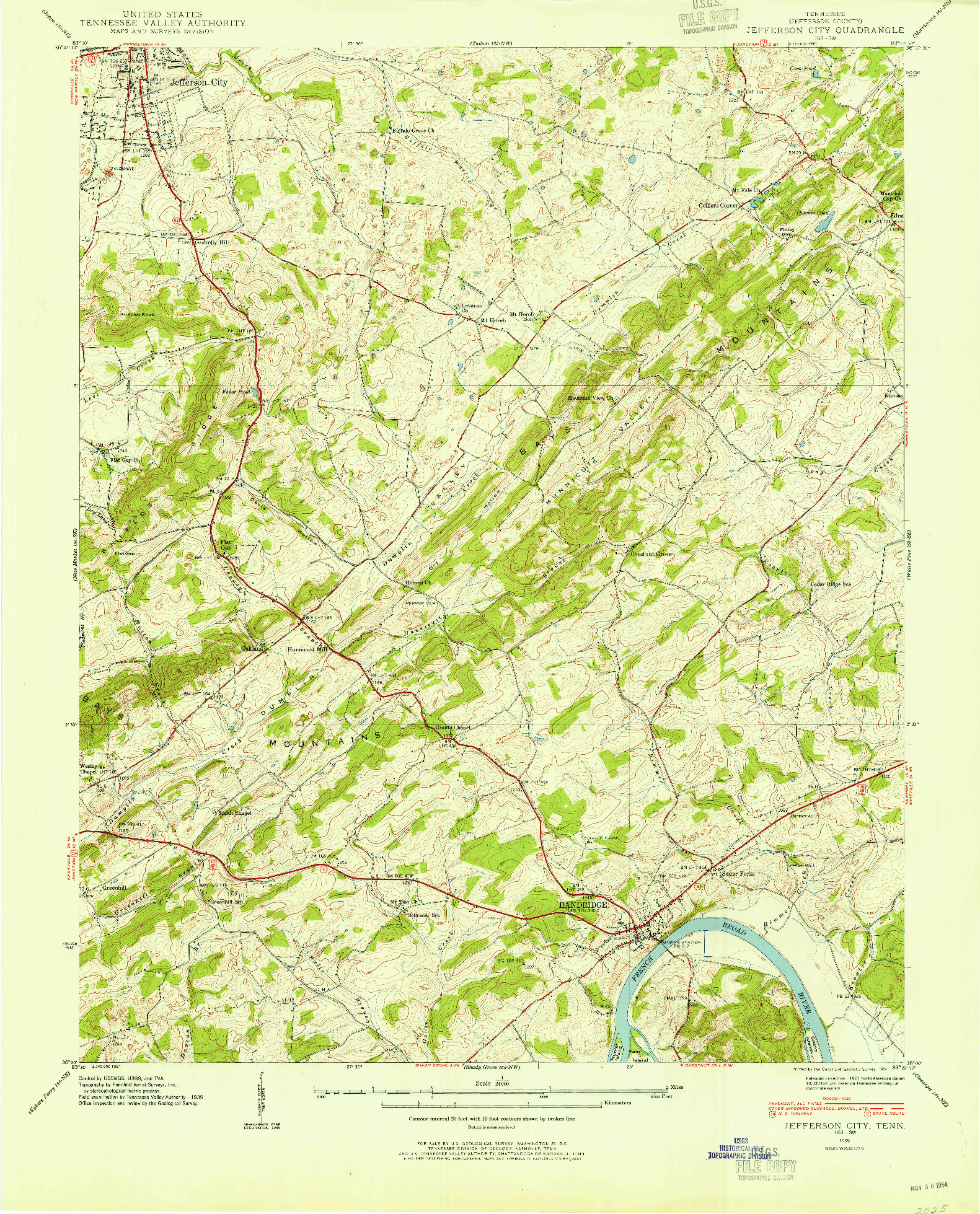 USGS 1:24000-SCALE QUADRANGLE FOR JEFFERSON CITY, TN 1939