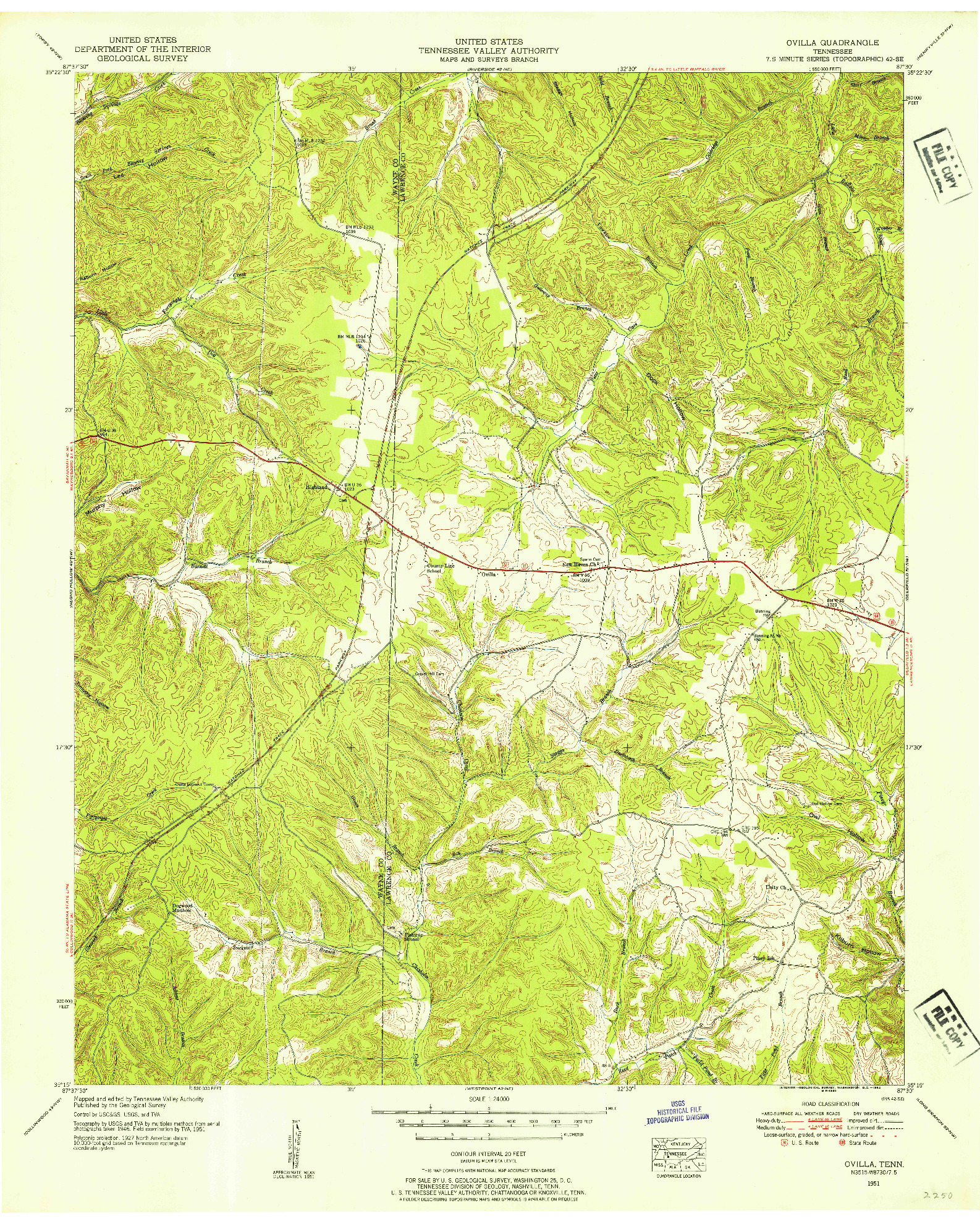 USGS 1:24000-SCALE QUADRANGLE FOR OVILLA, TN 1951