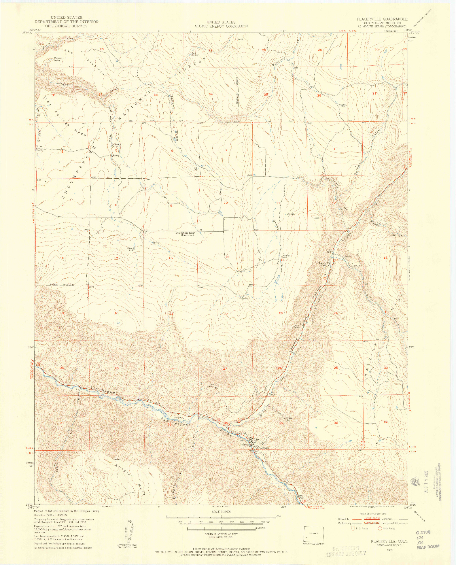 USGS 1:24000-SCALE QUADRANGLE FOR PLACERVILLE, CO 1953