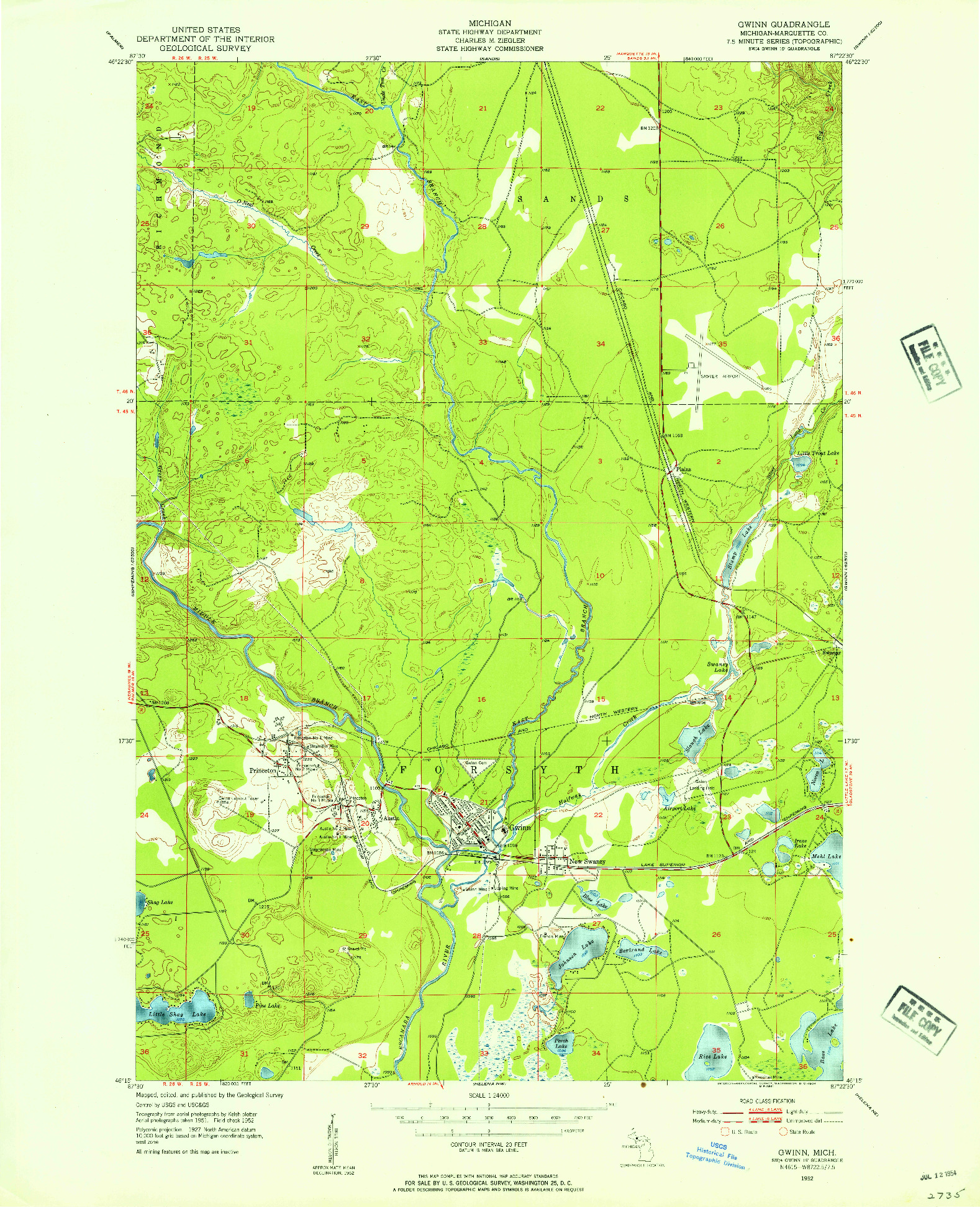 USGS 1:24000-SCALE QUADRANGLE FOR GWINN, MI 1952