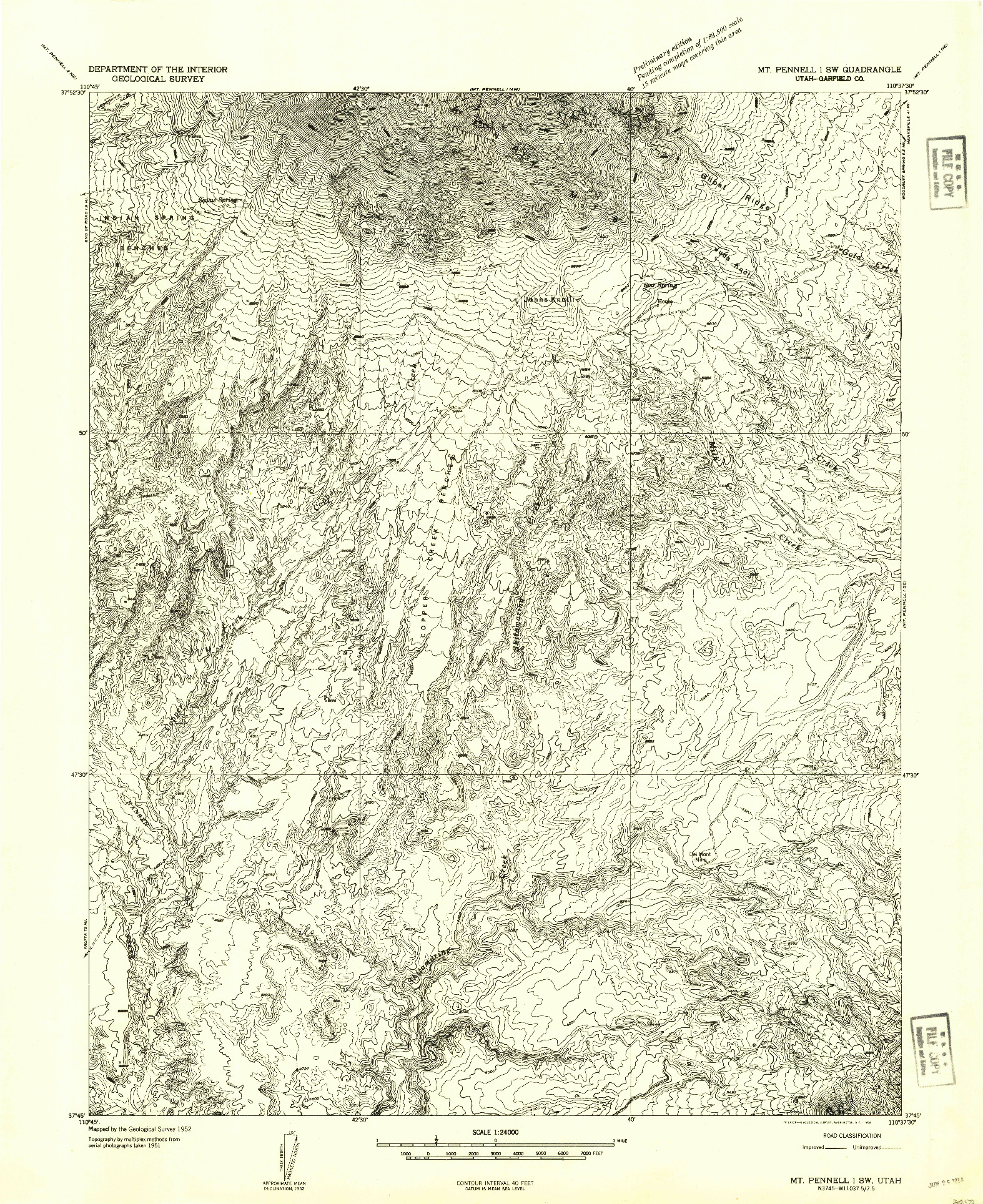 USGS 1:24000-SCALE QUADRANGLE FOR MT PENNELL 1 SW, UT 1952