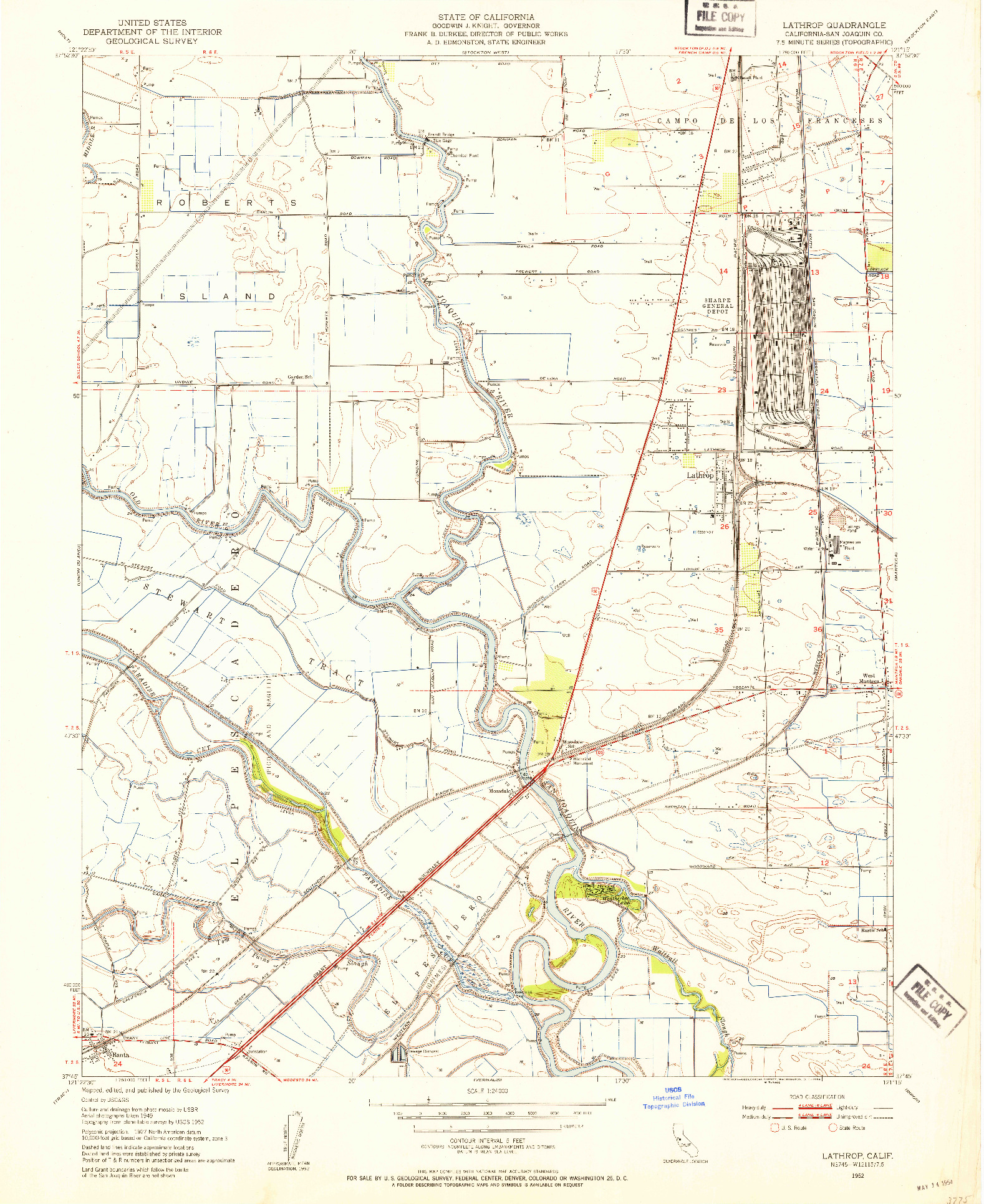 USGS 1:24000-SCALE QUADRANGLE FOR LATHROP, CA 1952