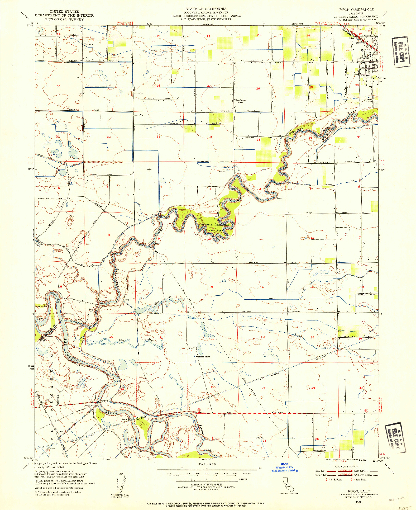 USGS 1:24000-SCALE QUADRANGLE FOR RIPON, CA 1952