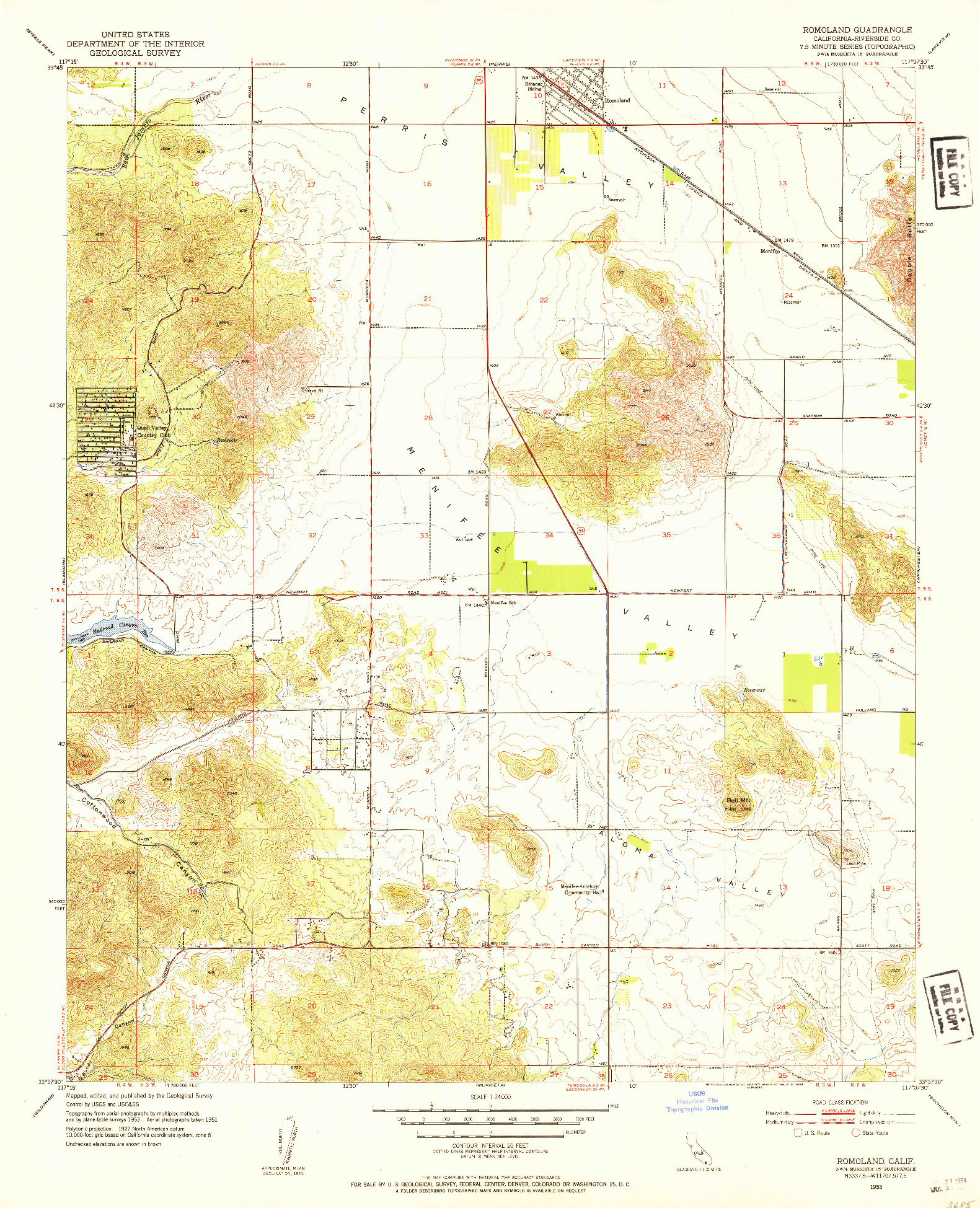 USGS 1:24000-SCALE QUADRANGLE FOR ROMOLAND, CA 1953