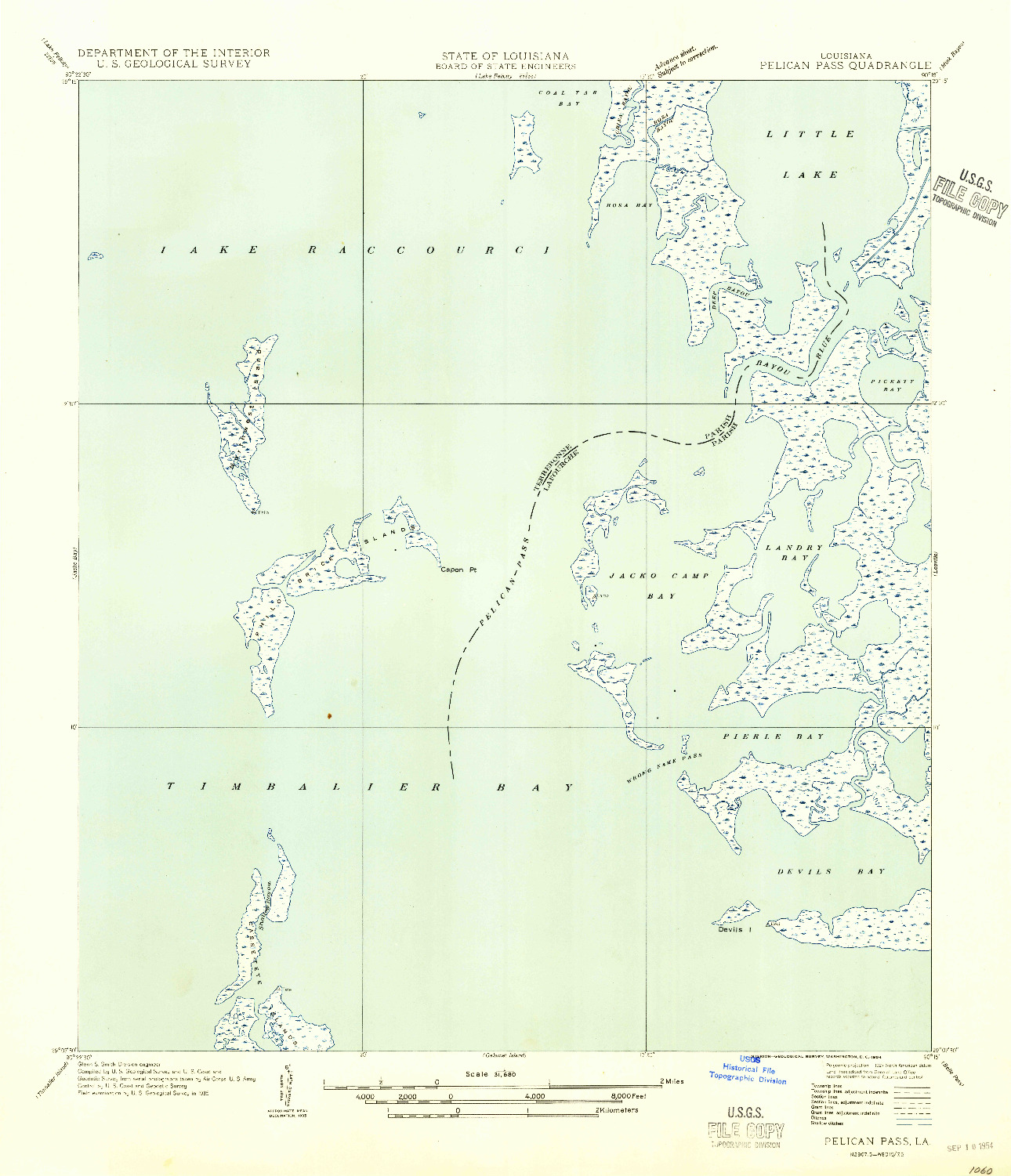 USGS 1:31680-SCALE QUADRANGLE FOR PELICAN PASS, LA 1954