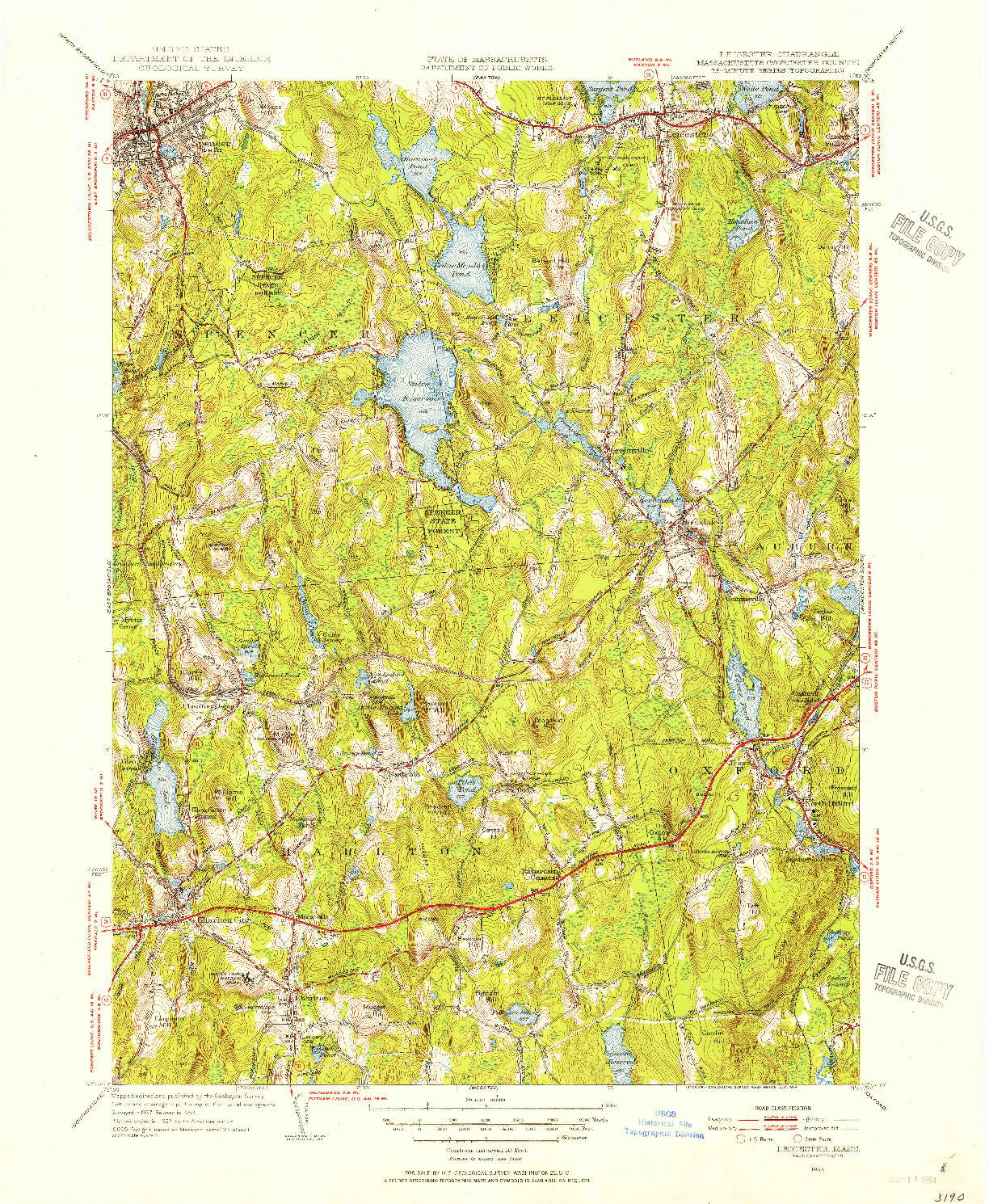 USGS 1:31680-SCALE QUADRANGLE FOR LEICESTER, MA 1953