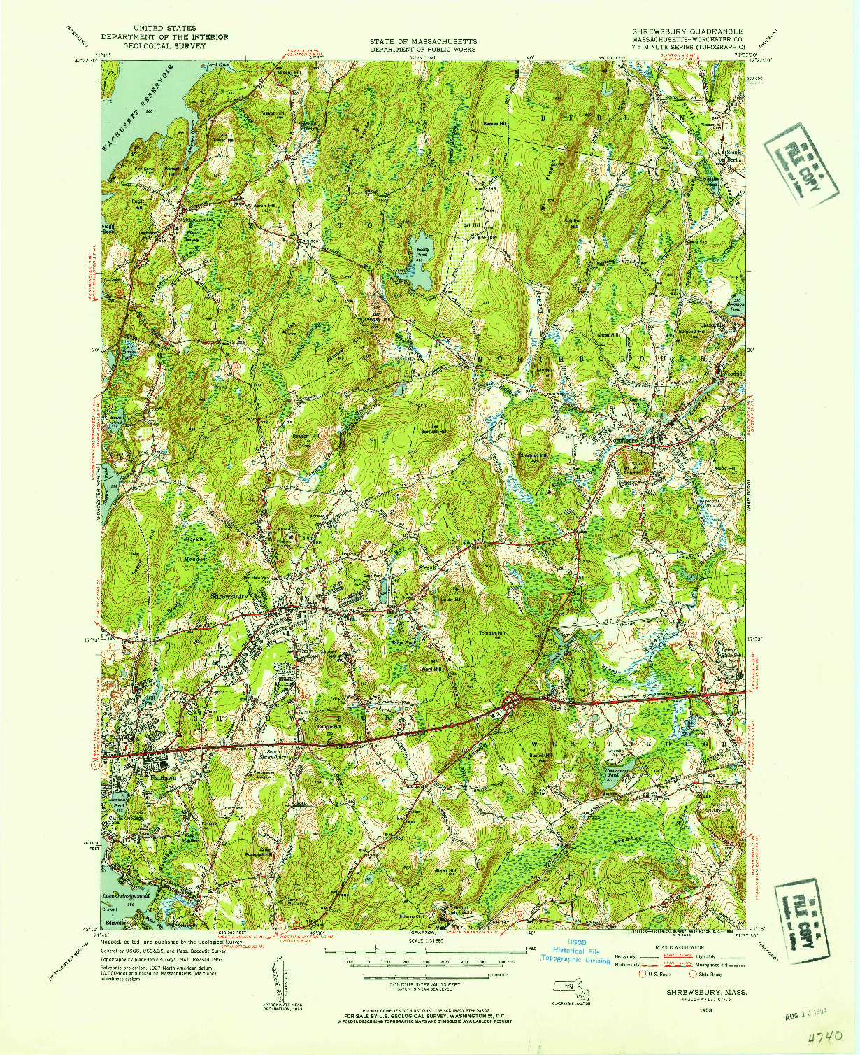 USGS 1:31680-SCALE QUADRANGLE FOR SHREWSBURY, MA 1953