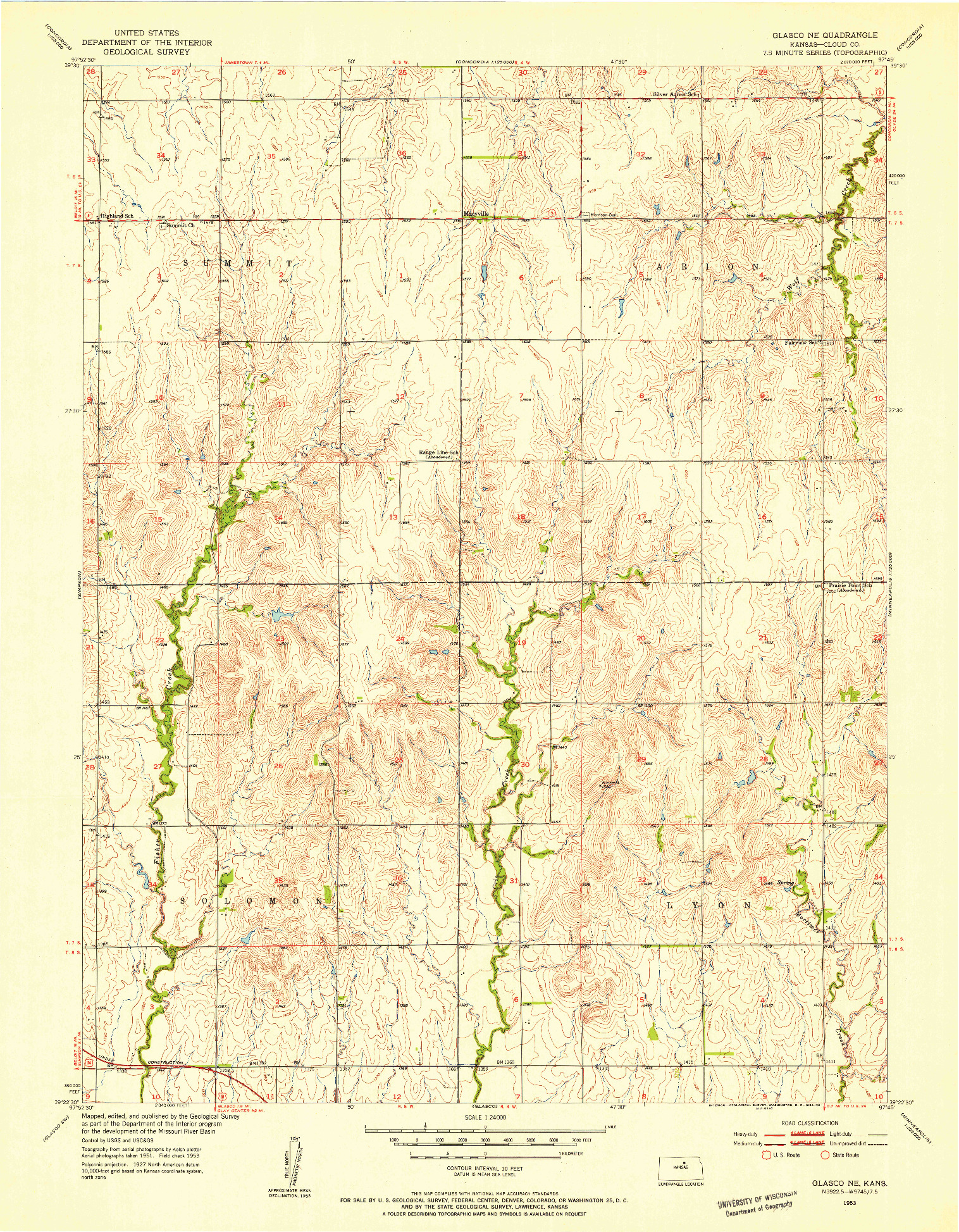 USGS 1:24000-SCALE QUADRANGLE FOR GLASCO NE, KS 1953