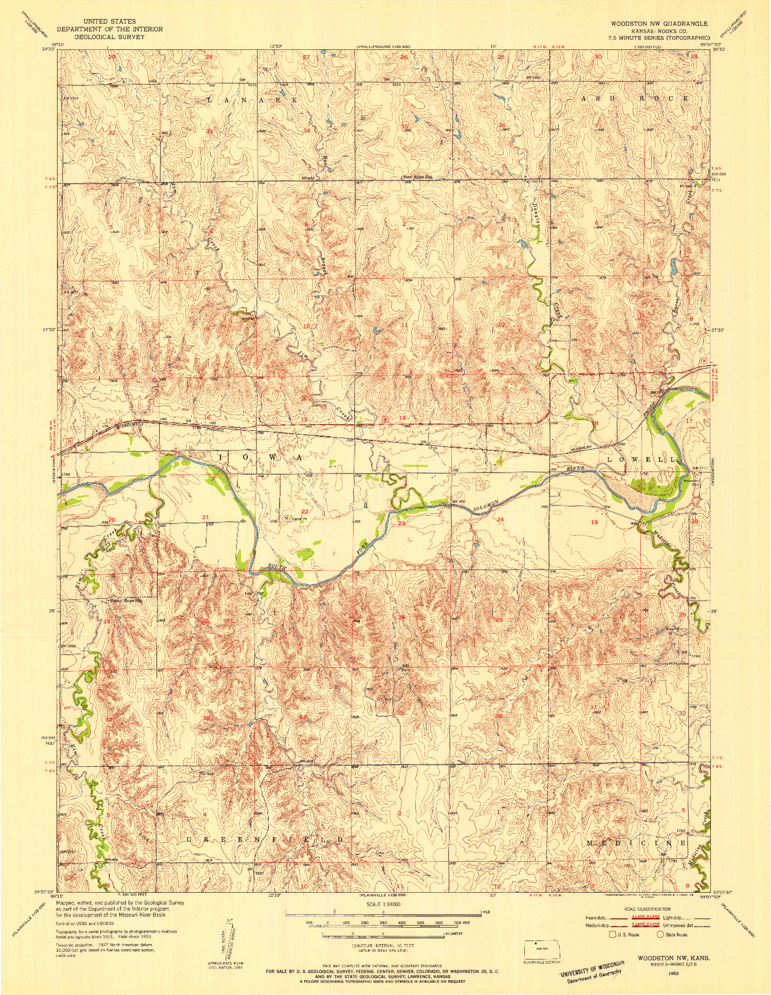 USGS 1:24000-SCALE QUADRANGLE FOR WOODSTON NW, KS 1953