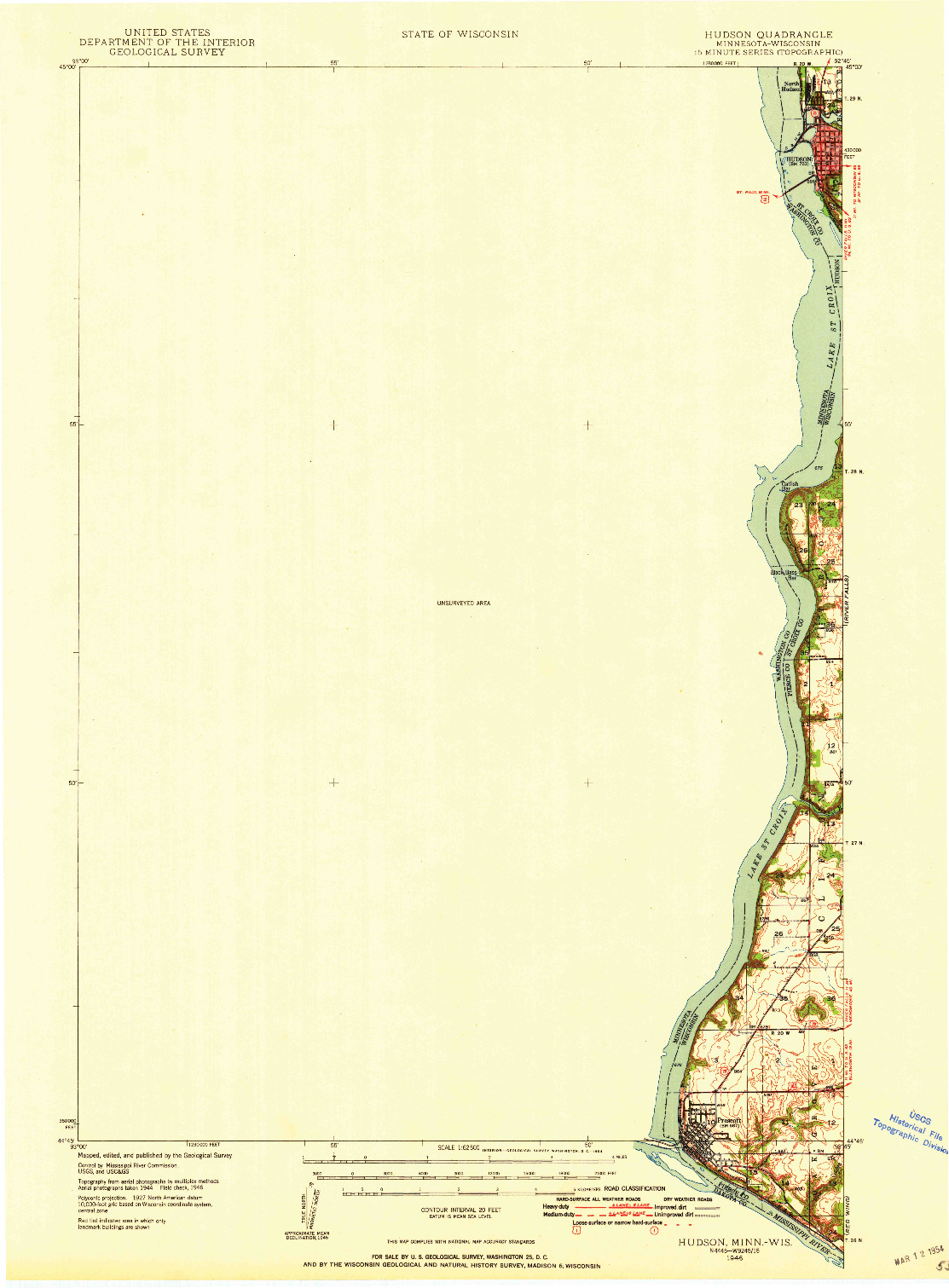 USGS 1:62500-SCALE QUADRANGLE FOR HUDSON, MN 1946