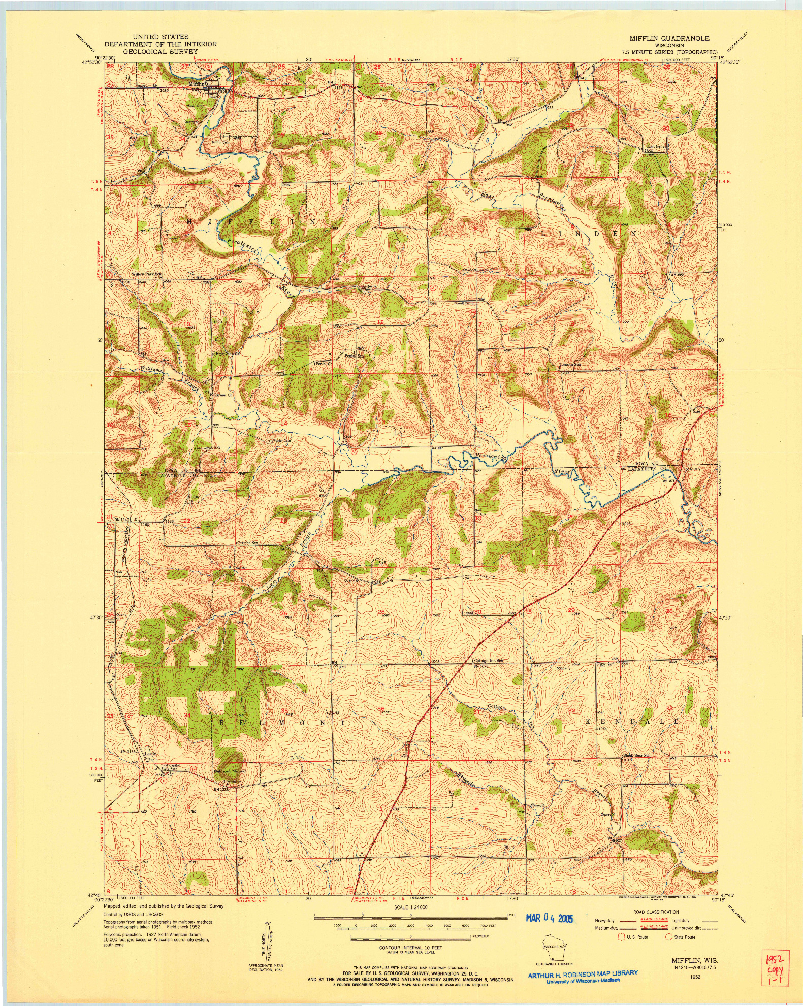 USGS 1:24000-SCALE QUADRANGLE FOR MIFFLIN, WI 1952