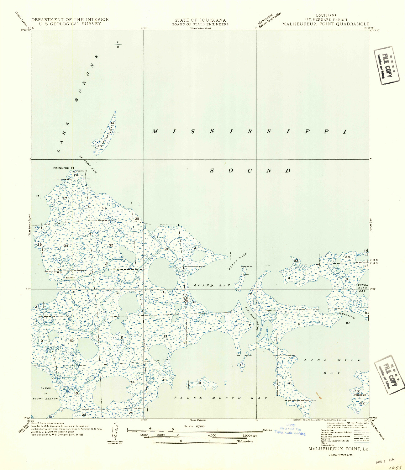 USGS 1:31680-SCALE QUADRANGLE FOR MALHEUREUX POINT, LA 1954