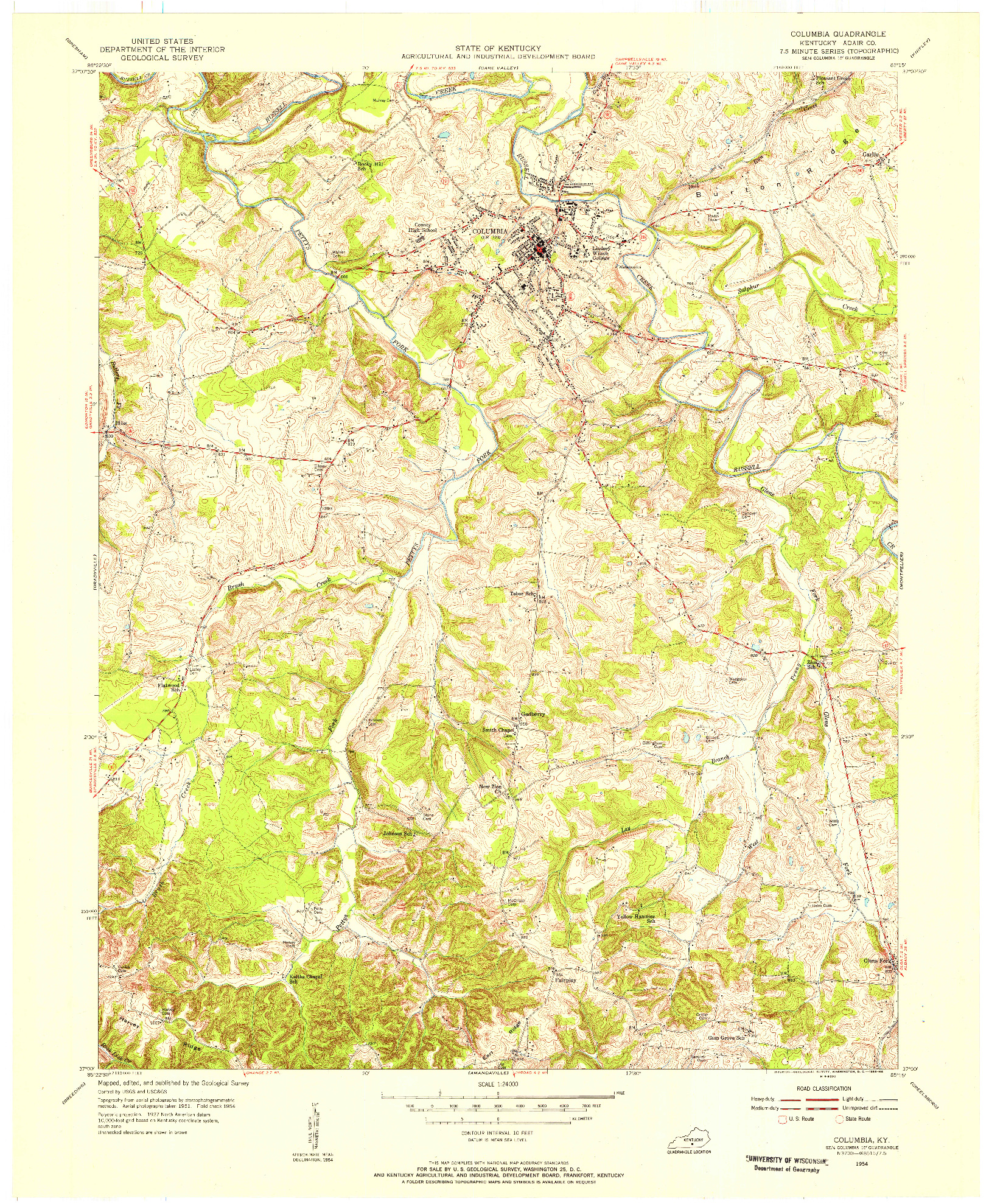 USGS 1:24000-SCALE QUADRANGLE FOR COLUMBIA, KY 1954