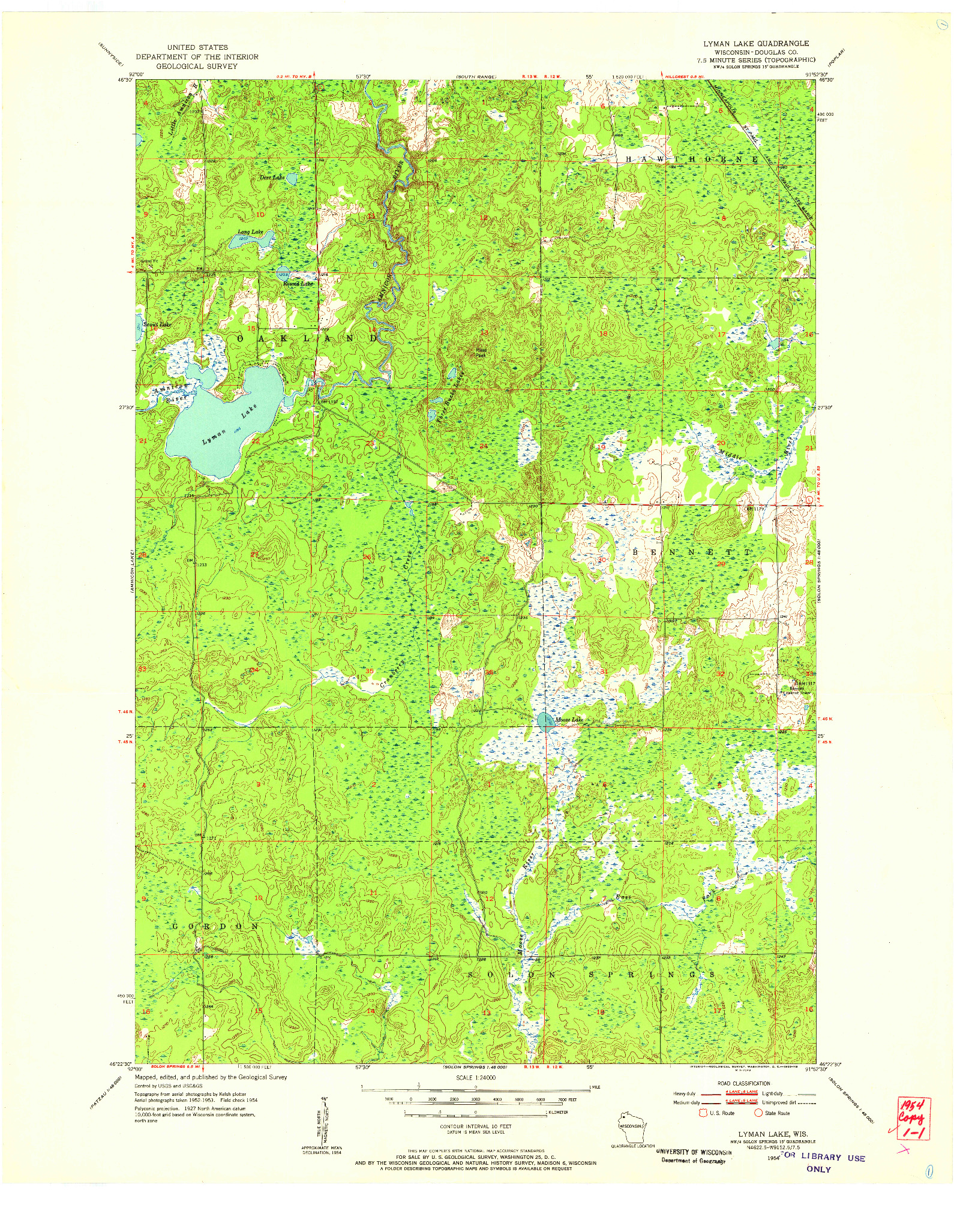 USGS 1:24000-SCALE QUADRANGLE FOR LYMAN LAKE, WI 1954