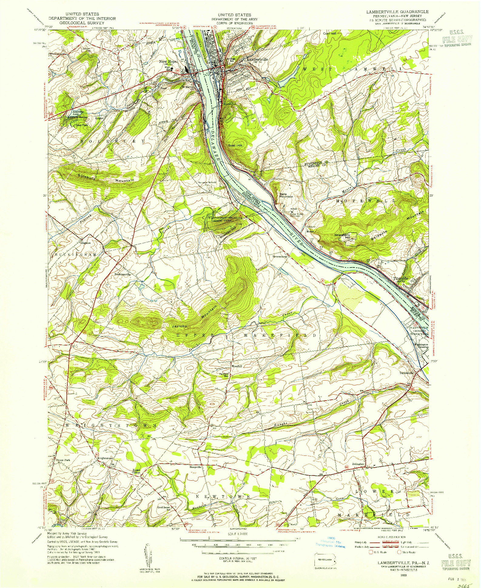 USGS 1:24000-SCALE QUADRANGLE FOR LAMBERTVILLE, PA 1953