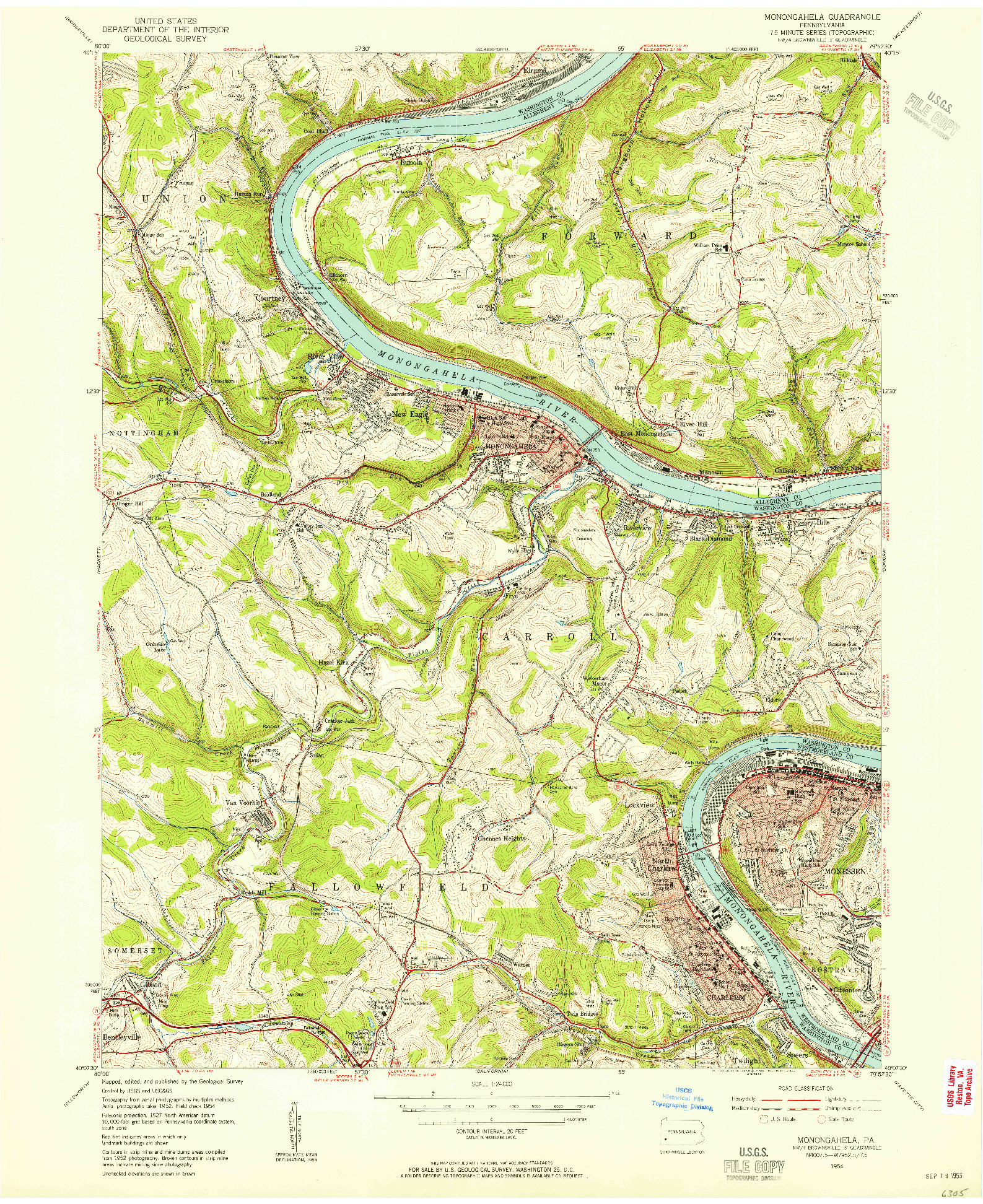 USGS 1:24000-SCALE QUADRANGLE FOR MONONGAHELA, PA 1954