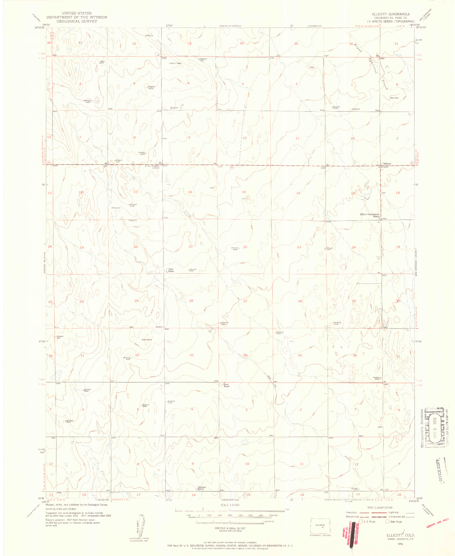 USGS 1:24000-SCALE QUADRANGLE FOR ELLICOTT, CO 1954