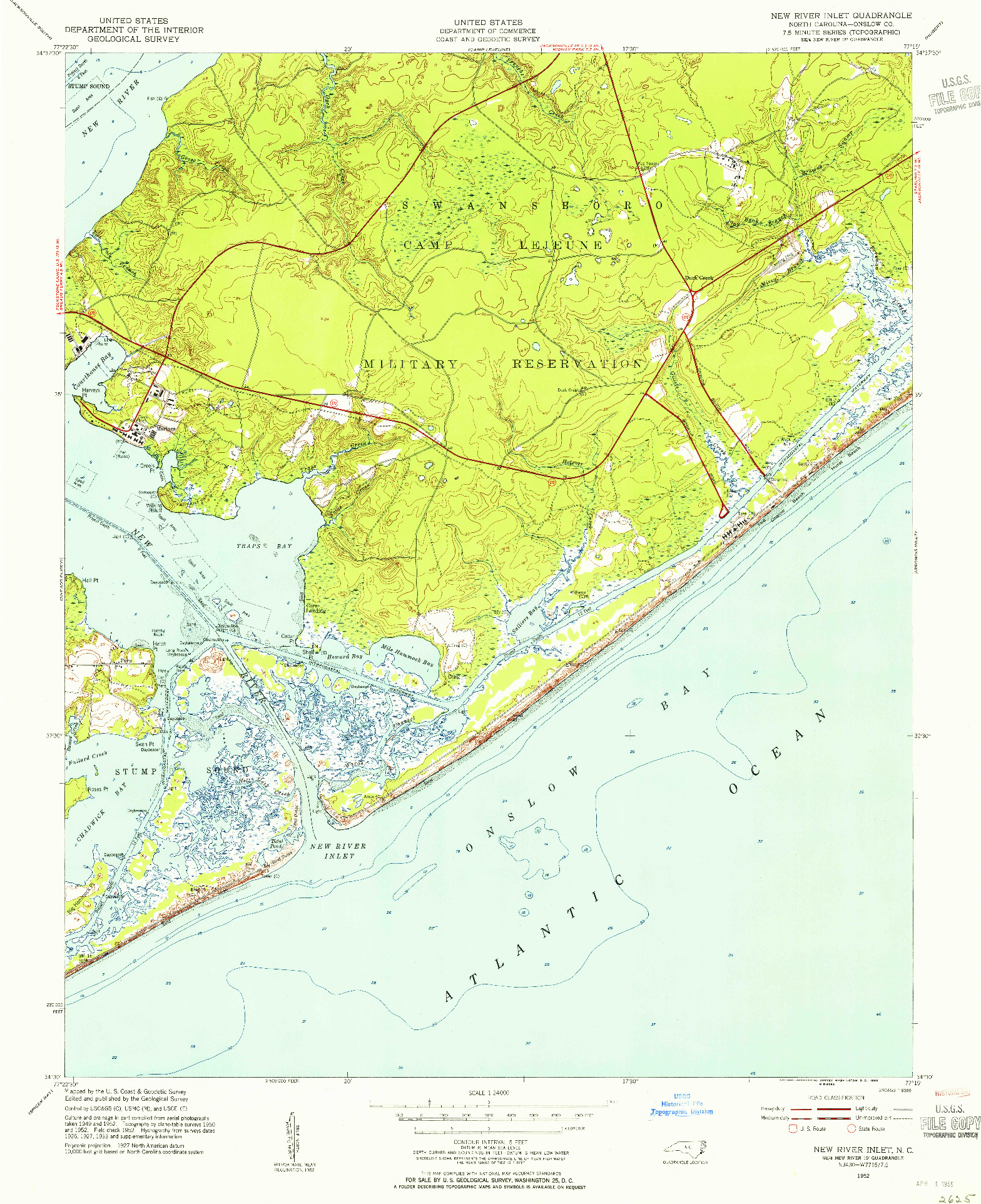 USGS 1:24000-SCALE QUADRANGLE FOR NEW RIVER INLET, NC 1952
