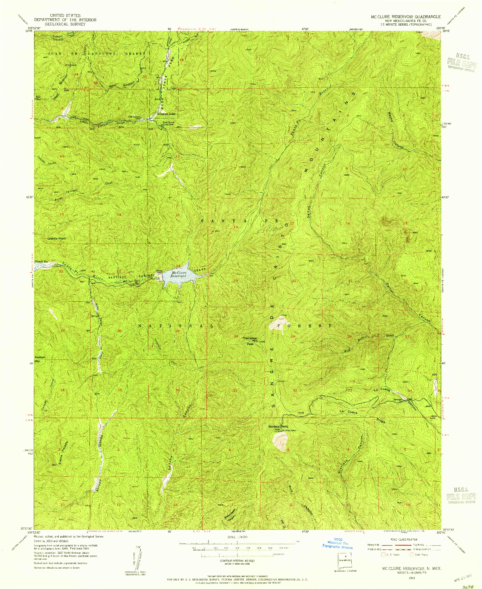 USGS 1:24000-SCALE QUADRANGLE FOR MC CLURE RESERVOIR, NM 1953
