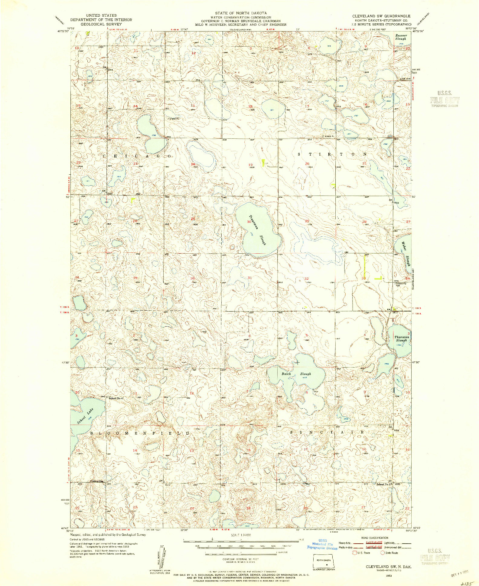 USGS 1:24000-SCALE QUADRANGLE FOR CLEVELAND SW, ND 1953