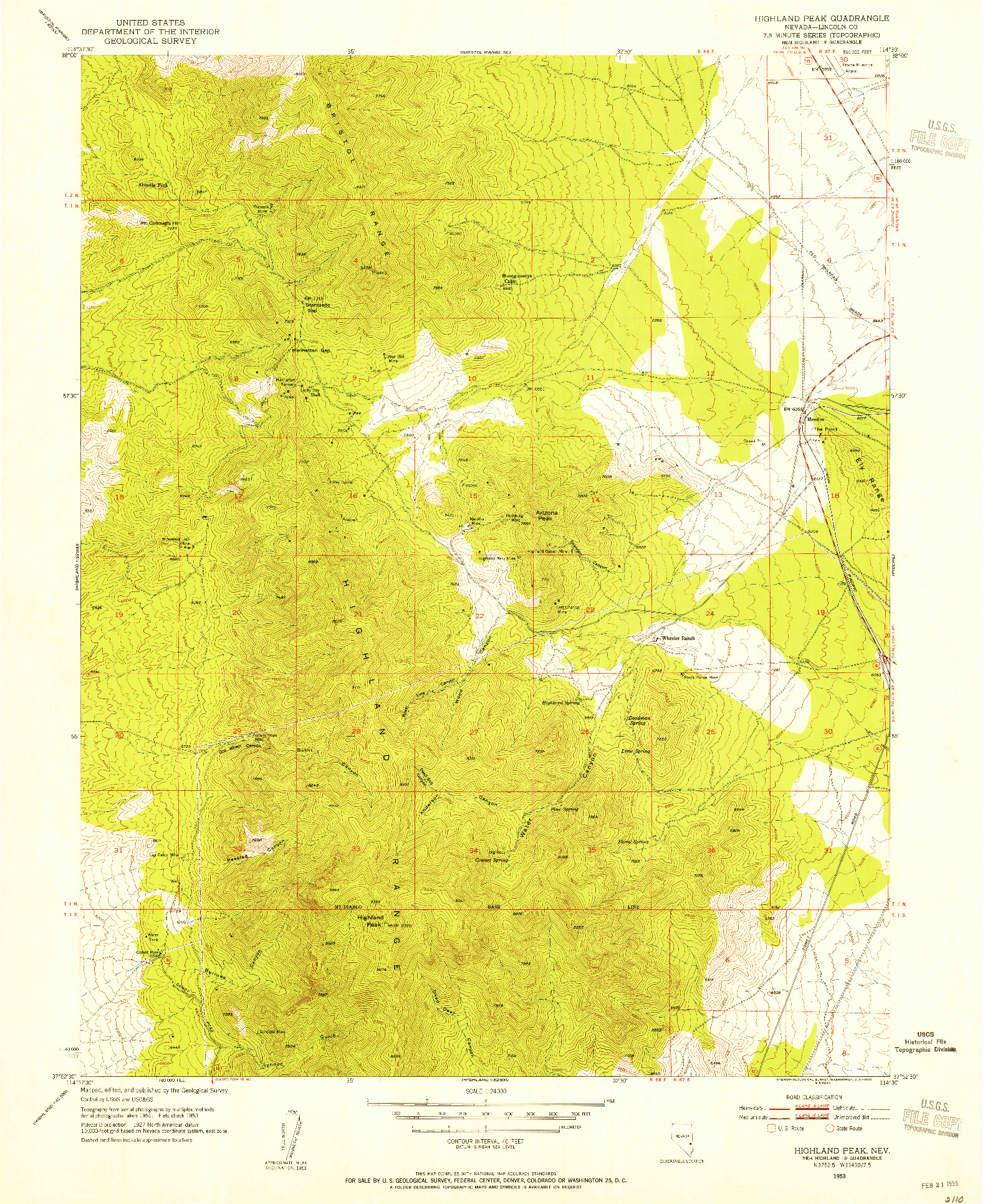 USGS 1:24000-SCALE QUADRANGLE FOR HIGHLAND PEAK, NV 1953