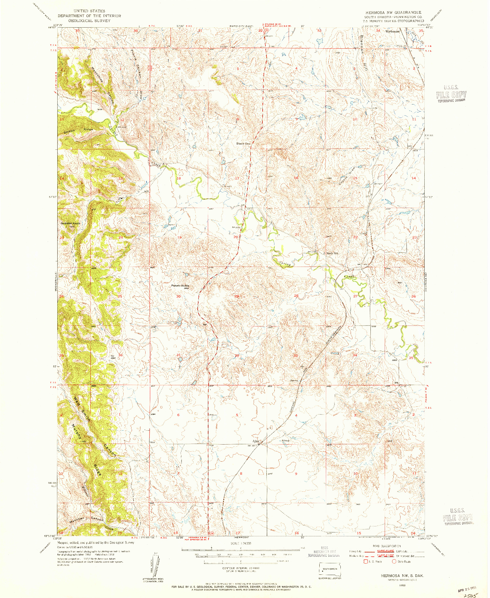 USGS 1:24000-SCALE QUADRANGLE FOR HERMOSA NW, SD 1953