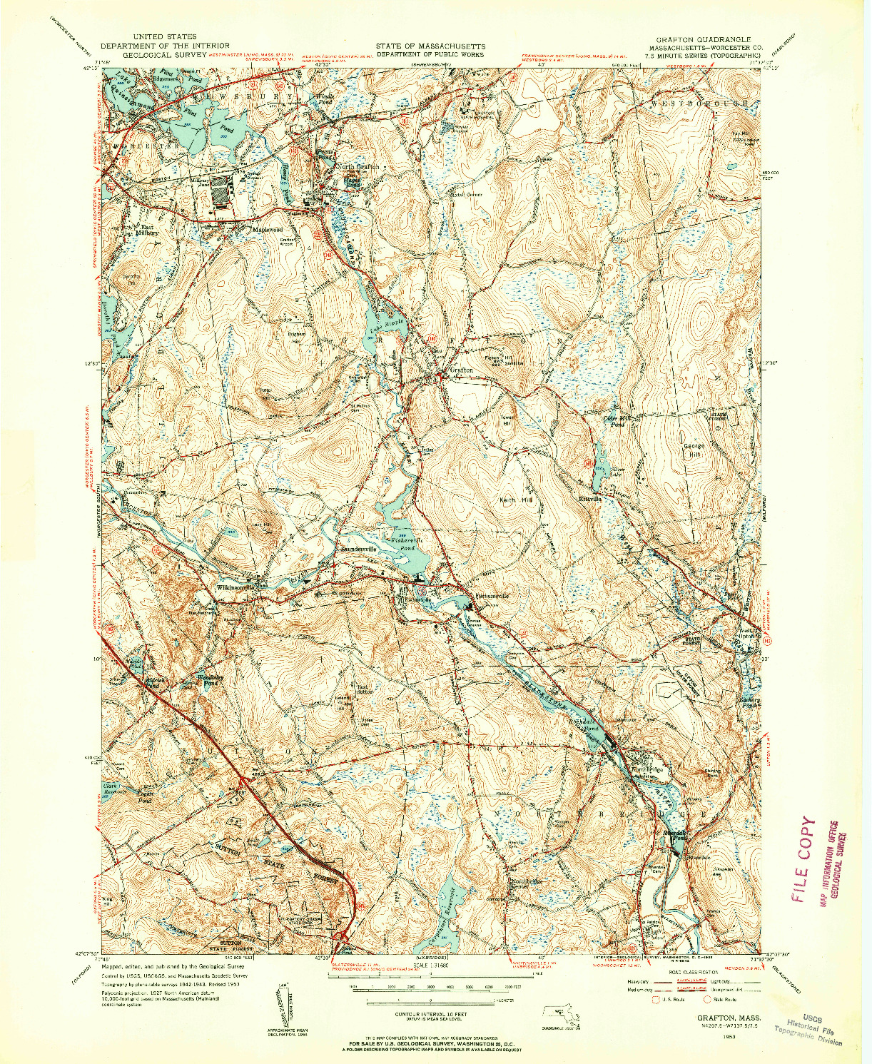 USGS 1:31680-SCALE QUADRANGLE FOR GRAFTON, MA 1953