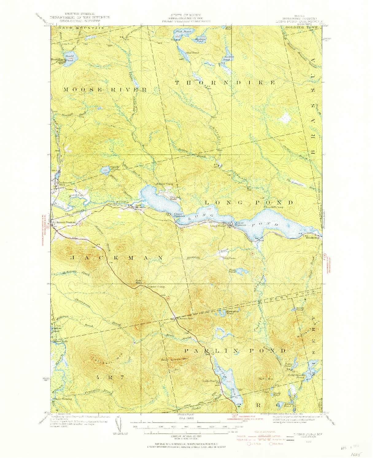 USGS 1:62500-SCALE QUADRANGLE FOR LONG POND, ME 1922