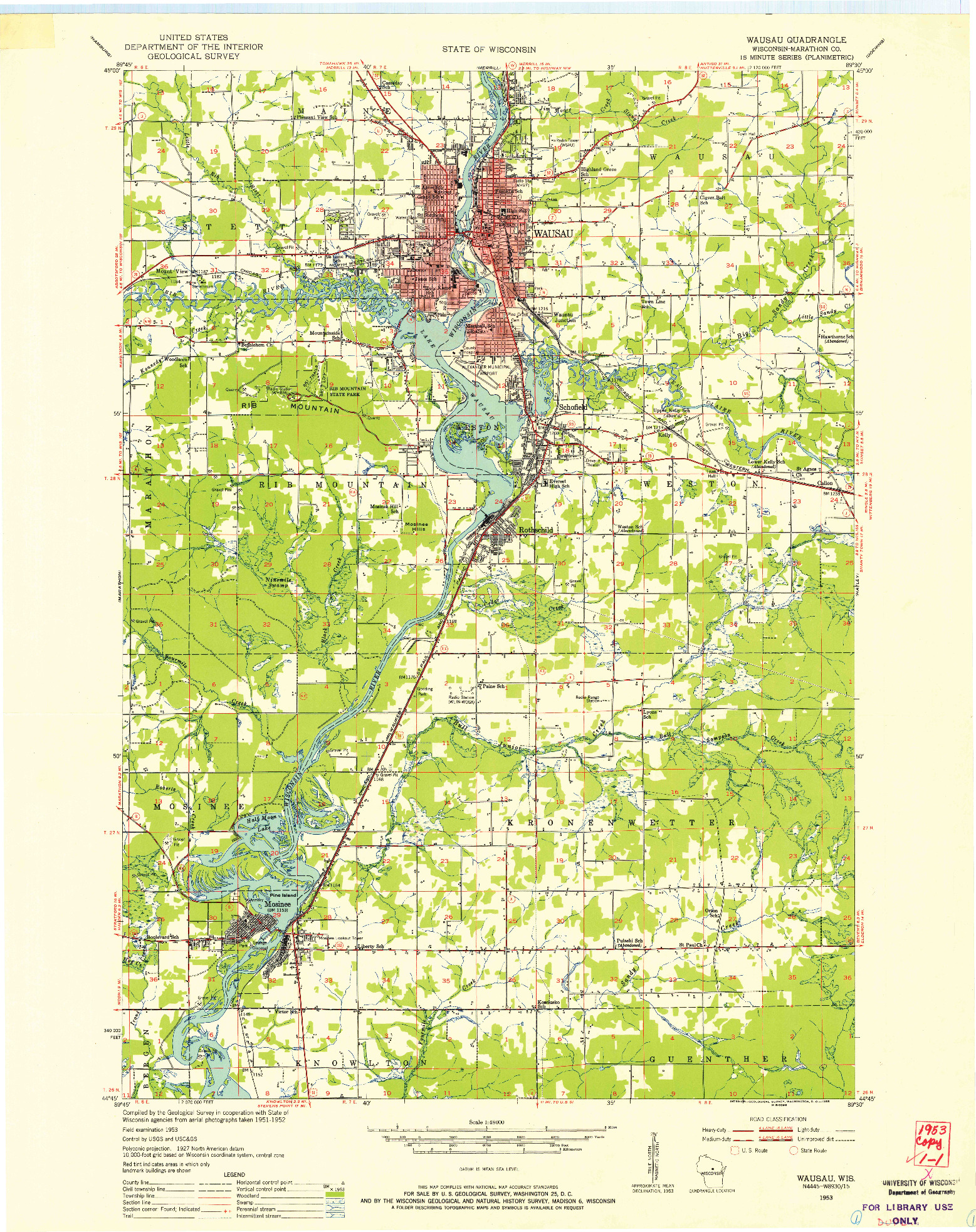 USGS 1:48000-SCALE QUADRANGLE FOR WAUSAU, WI 1953