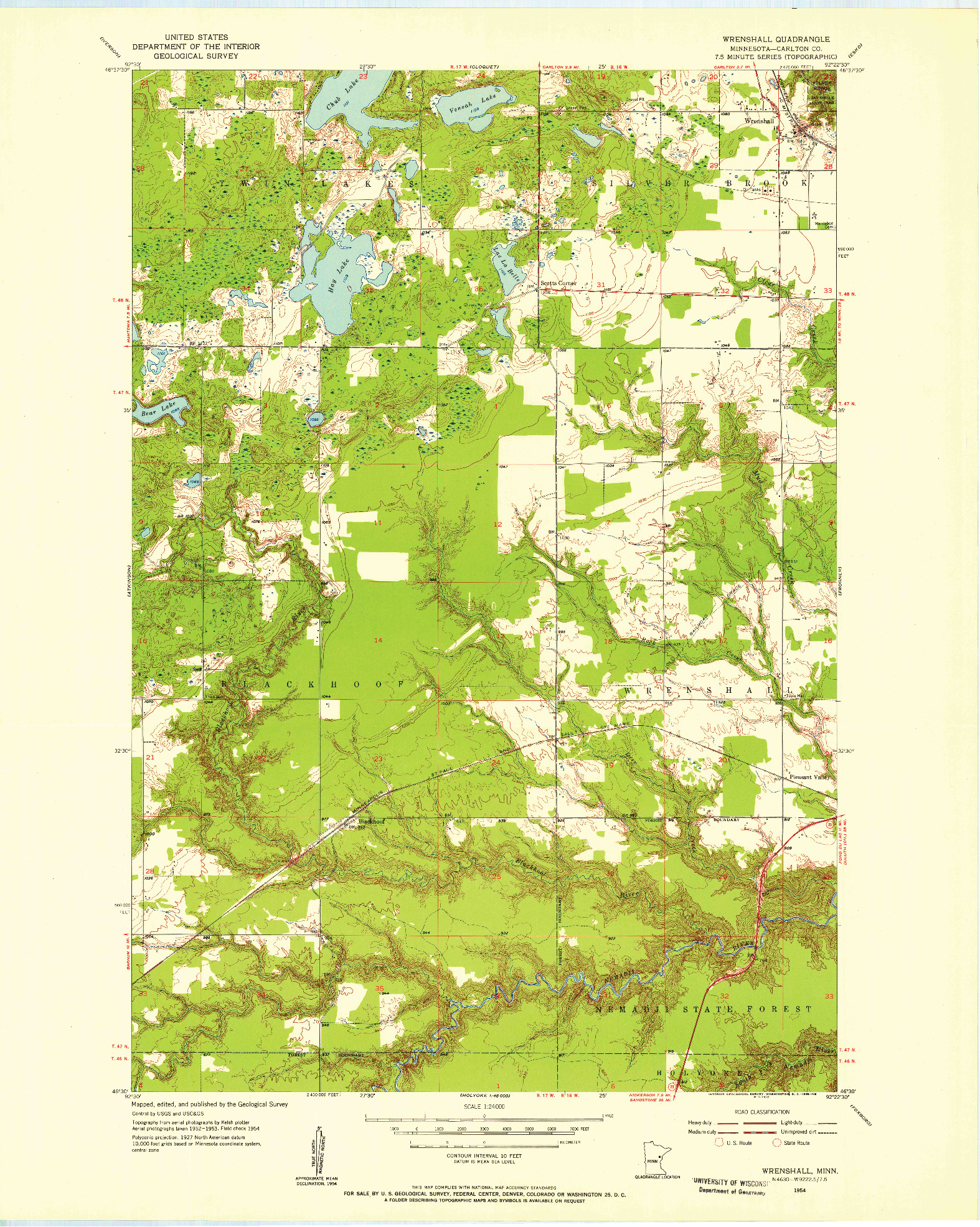 USGS 1:24000-SCALE QUADRANGLE FOR WRENSHALL, MN 1954