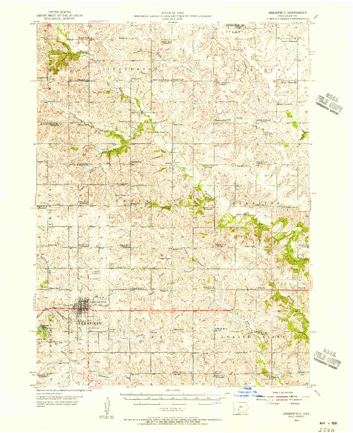 USGS 1:62500-SCALE QUADRANGLE FOR GREENFIELD, IA 1954