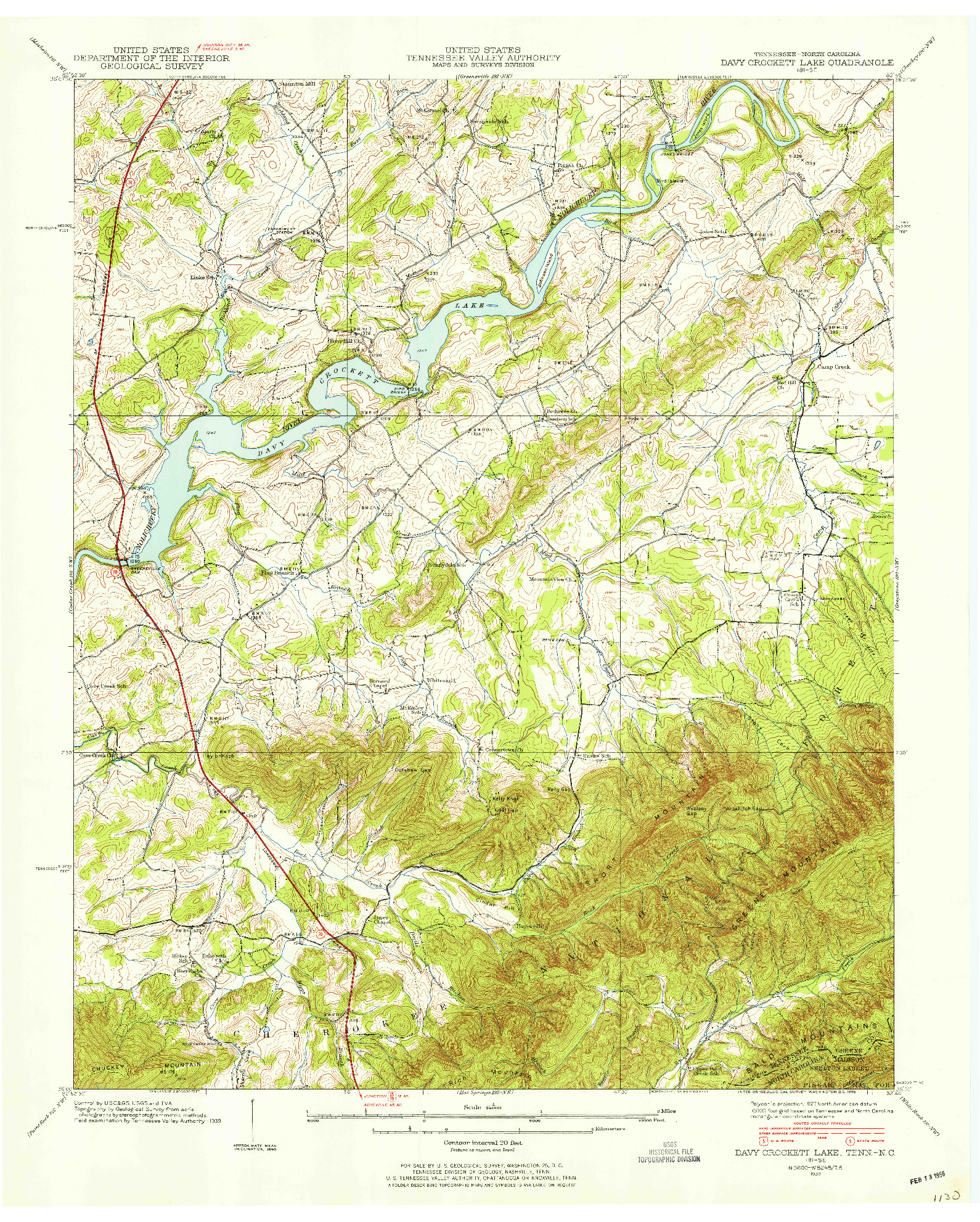 USGS 1:24000-SCALE QUADRANGLE FOR DAVY CROCKETT LAKE, TN 1939