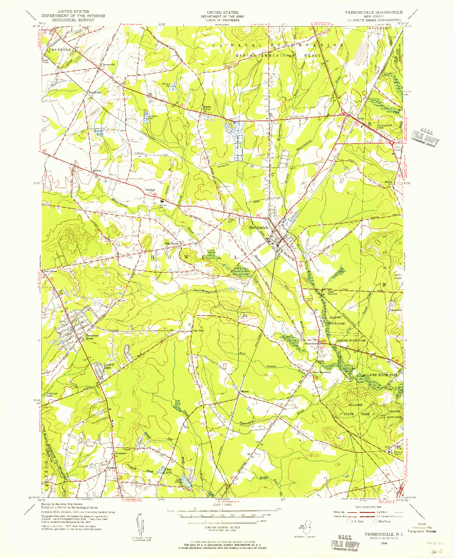USGS 1:24000-SCALE QUADRANGLE FOR FARMINGDALE, NJ 1954