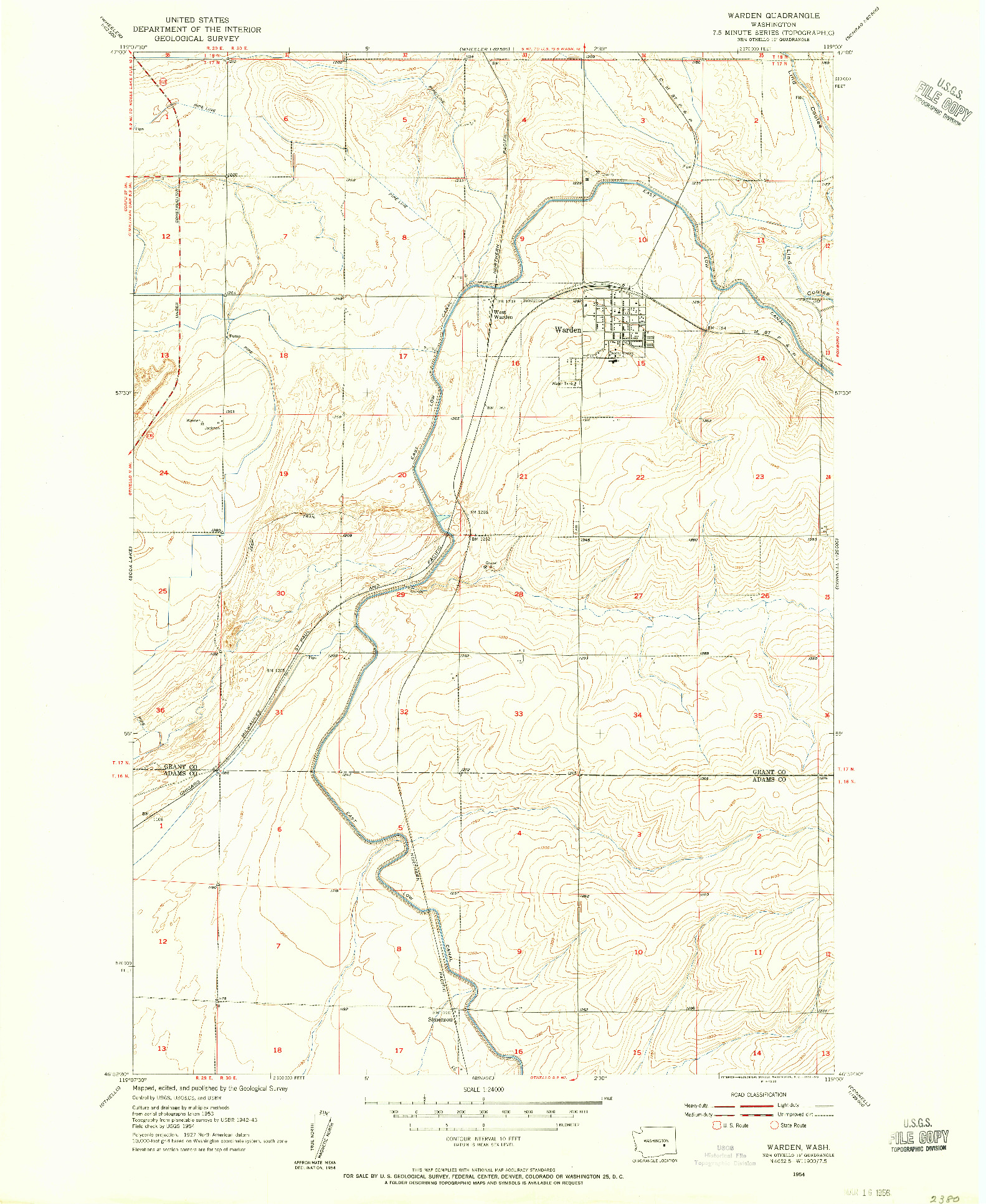 USGS 1:24000-SCALE QUADRANGLE FOR WARDEN, WA 1954