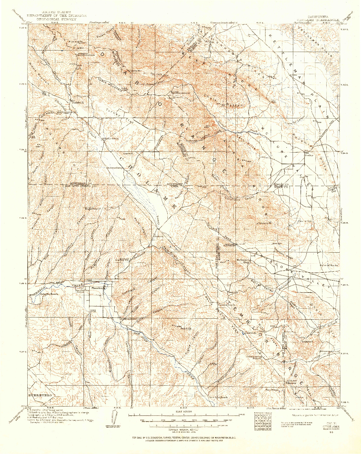 USGS 1:125000-SCALE QUADRANGLE FOR CHOLAME, CA 1915