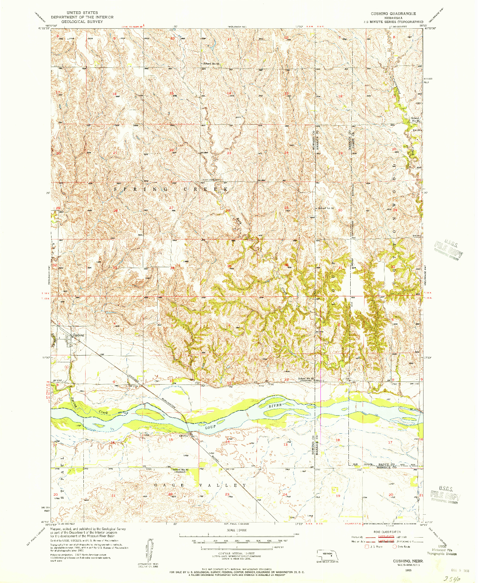 USGS 1:24000-SCALE QUADRANGLE FOR CUSHING, NE 1955