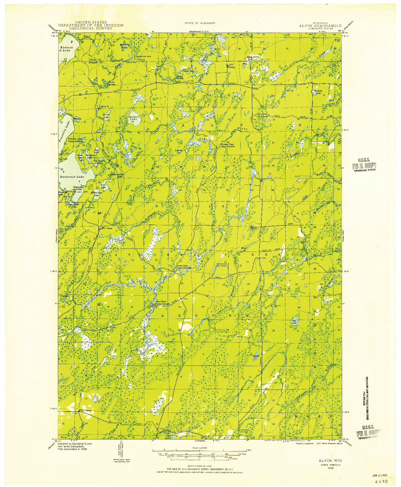 USGS 1:48000-SCALE QUADRANGLE FOR ALVIN, WI 1938