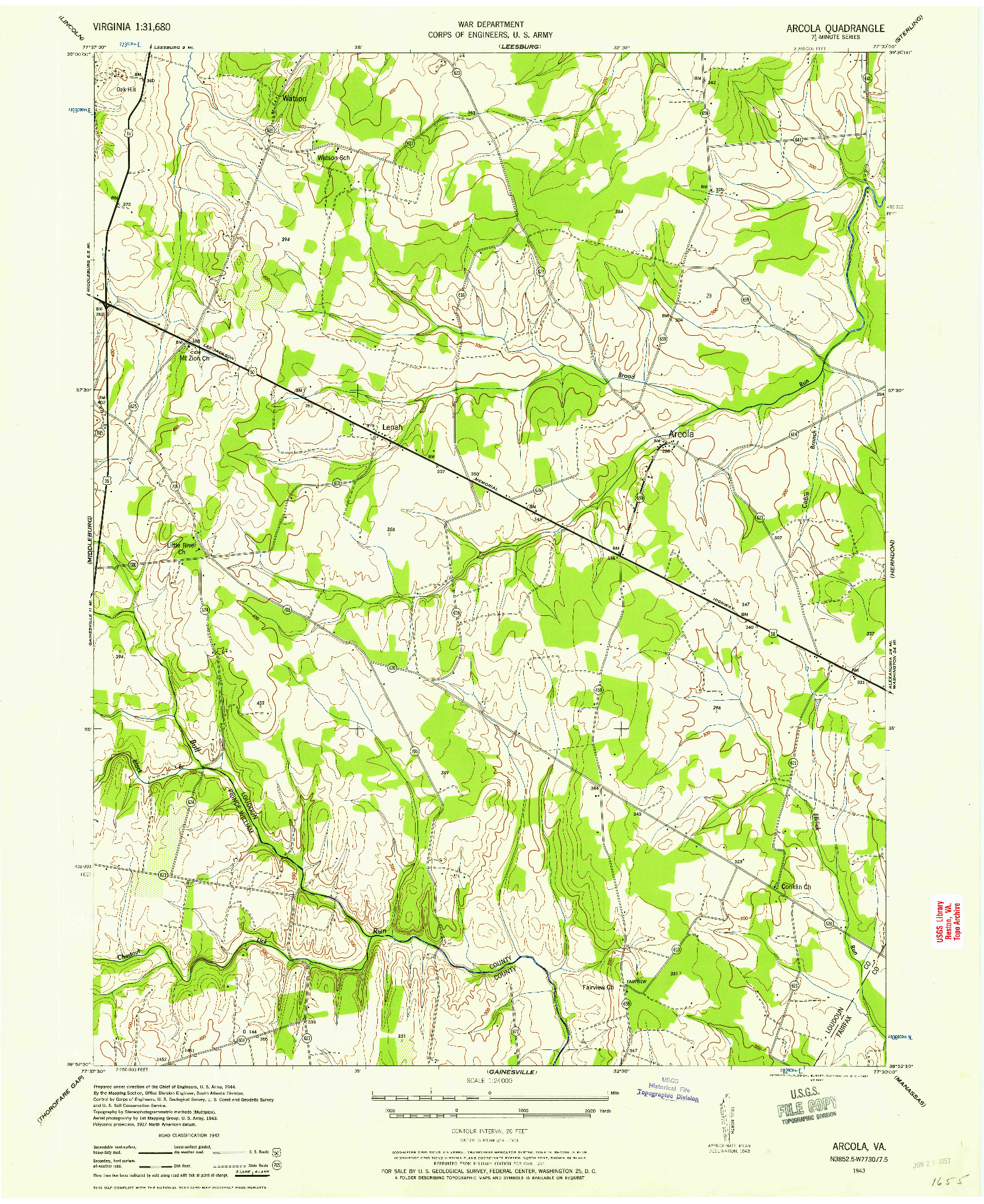 USGS 1:24000-SCALE QUADRANGLE FOR ARCOLA, VA 1943