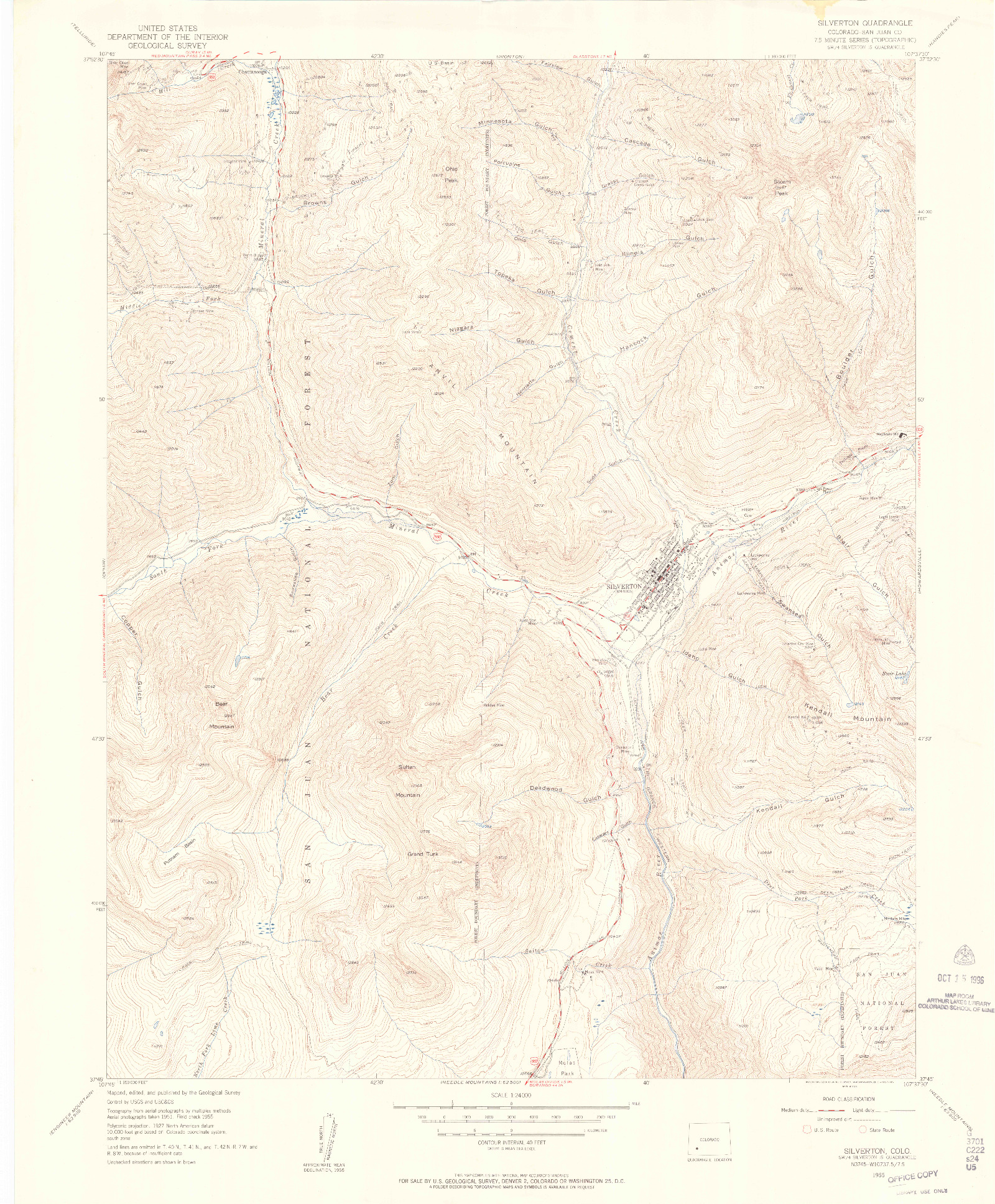 USGS 1:24000-SCALE QUADRANGLE FOR SILVERTON, CO 1955