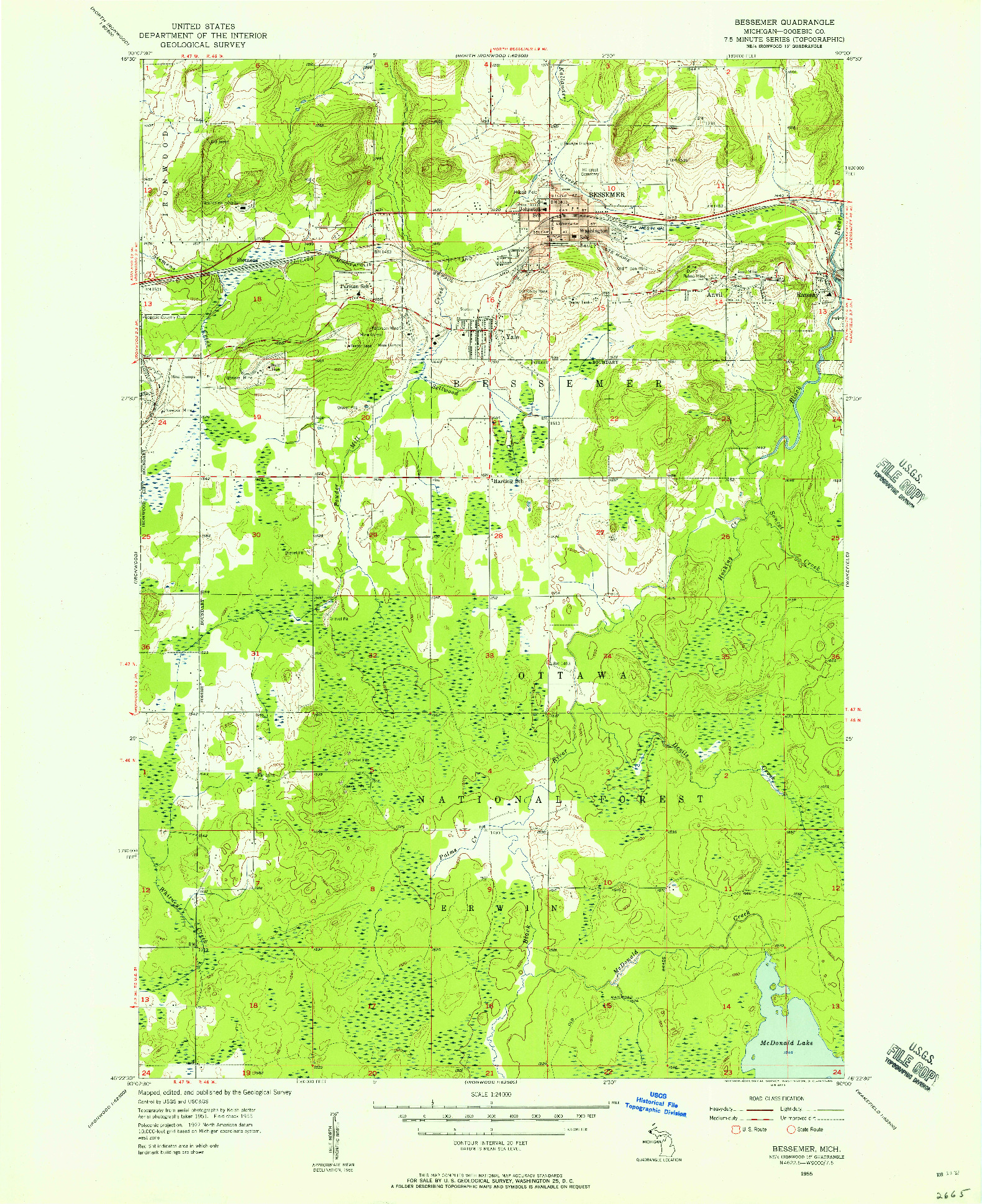 USGS 1:24000-SCALE QUADRANGLE FOR BESSEMER, MI 1955