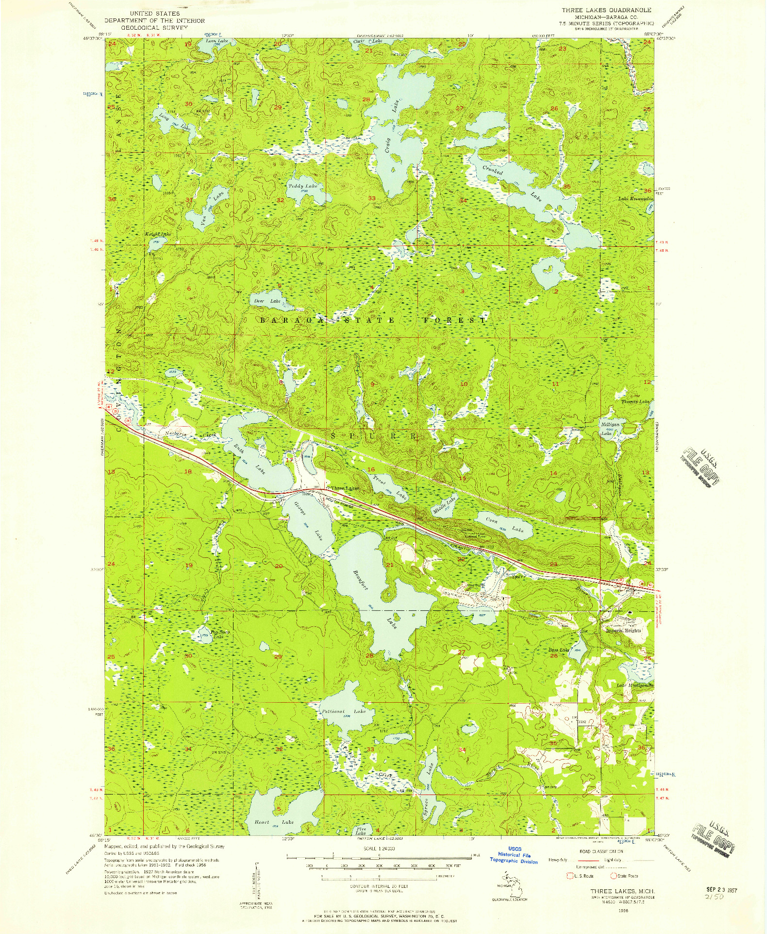 USGS 1:24000-SCALE QUADRANGLE FOR THREE LAKES, MI 1956