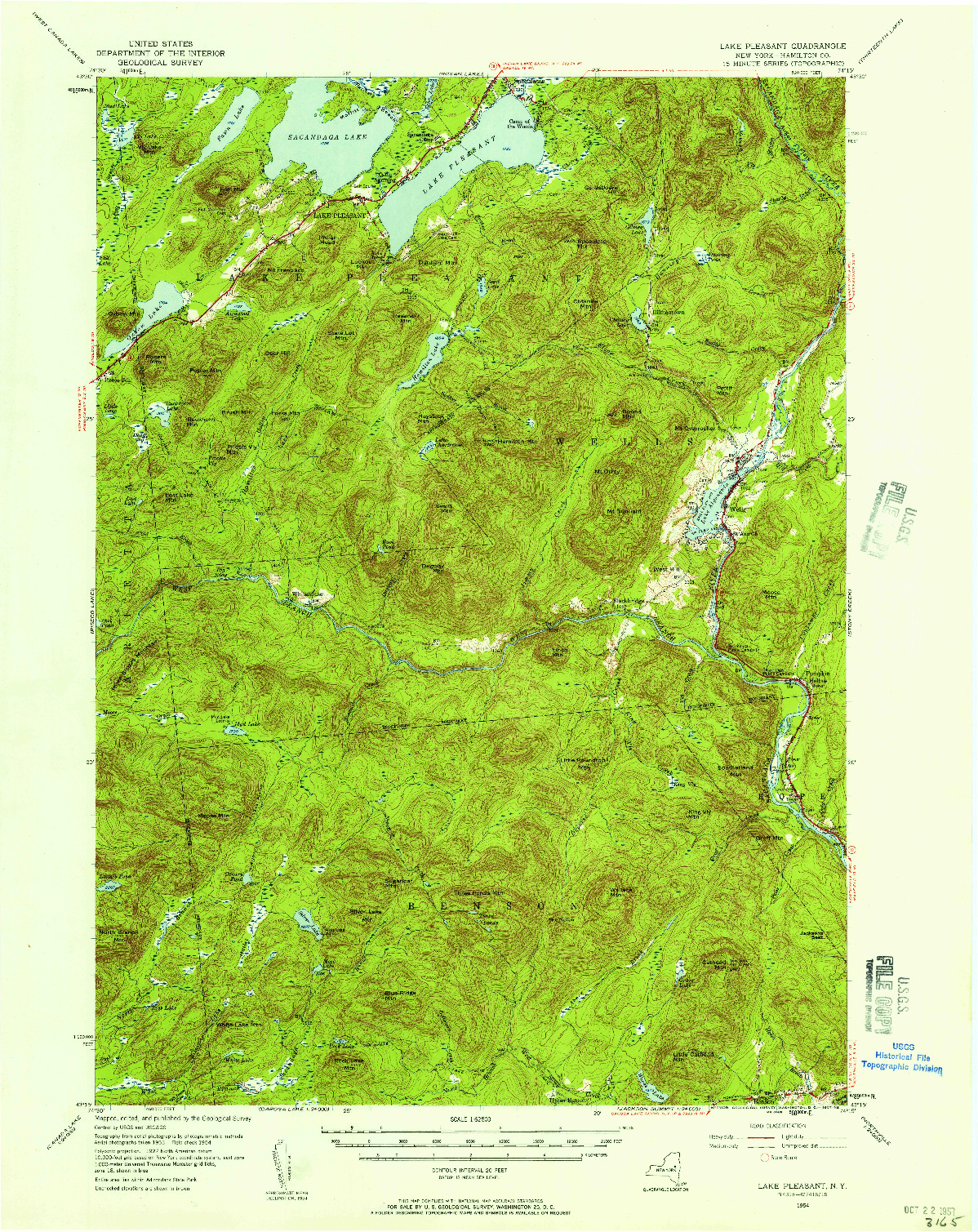 USGS 1:62500-SCALE QUADRANGLE FOR LAKE PLEASANT, NY 1954