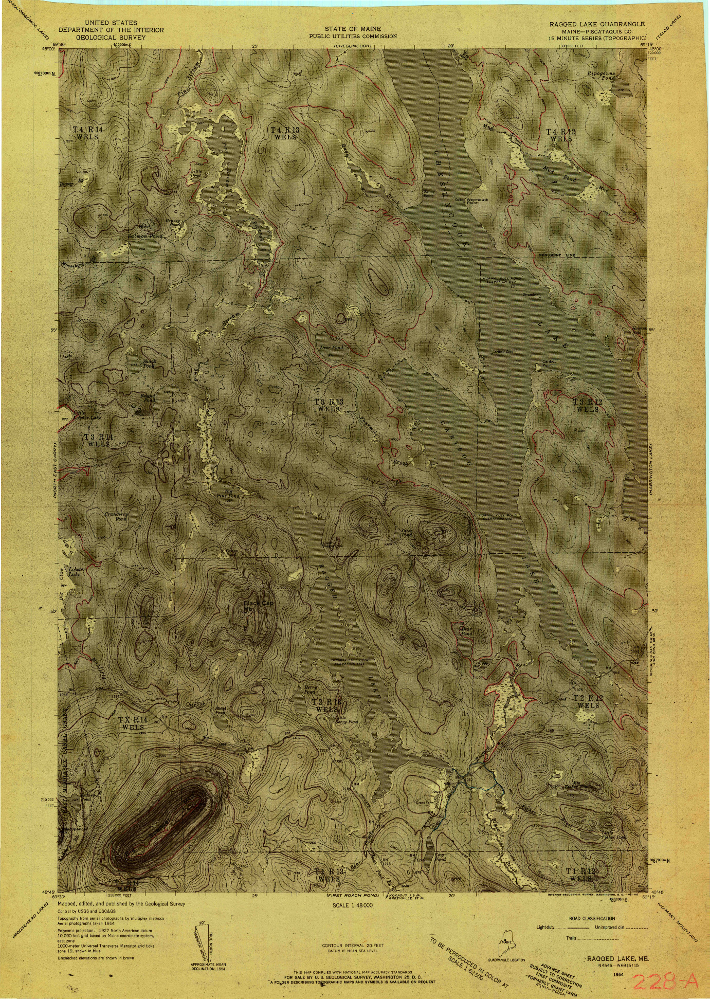 USGS 1:48000-SCALE QUADRANGLE FOR RAGGED LAKE, ME 1954