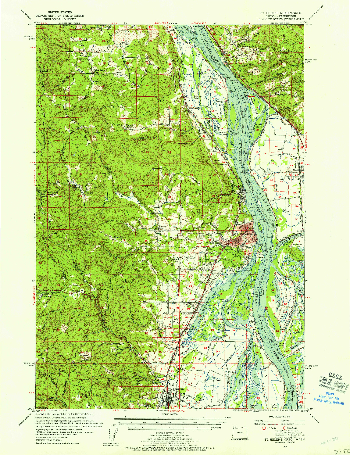 USGS 1:62500-SCALE QUADRANGLE FOR ST HELENS, OR 1954