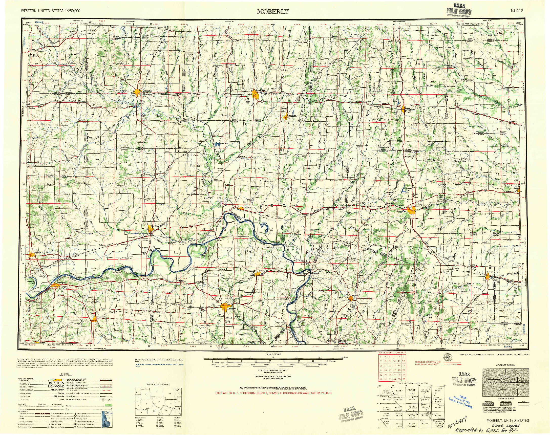 USGS 1:250000-SCALE QUADRANGLE FOR MOBERLY, MO 1957